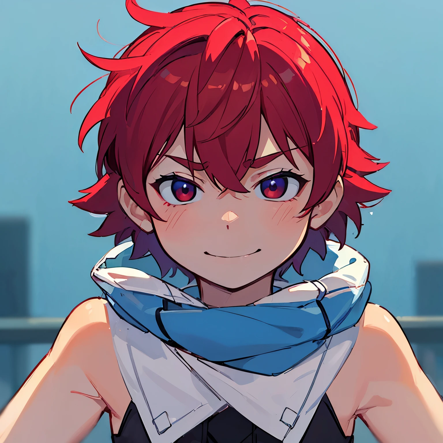 ((best quality, 8 thousand, masterpiece :1.3)) evil smile, boy, red hair, blue horn, face only