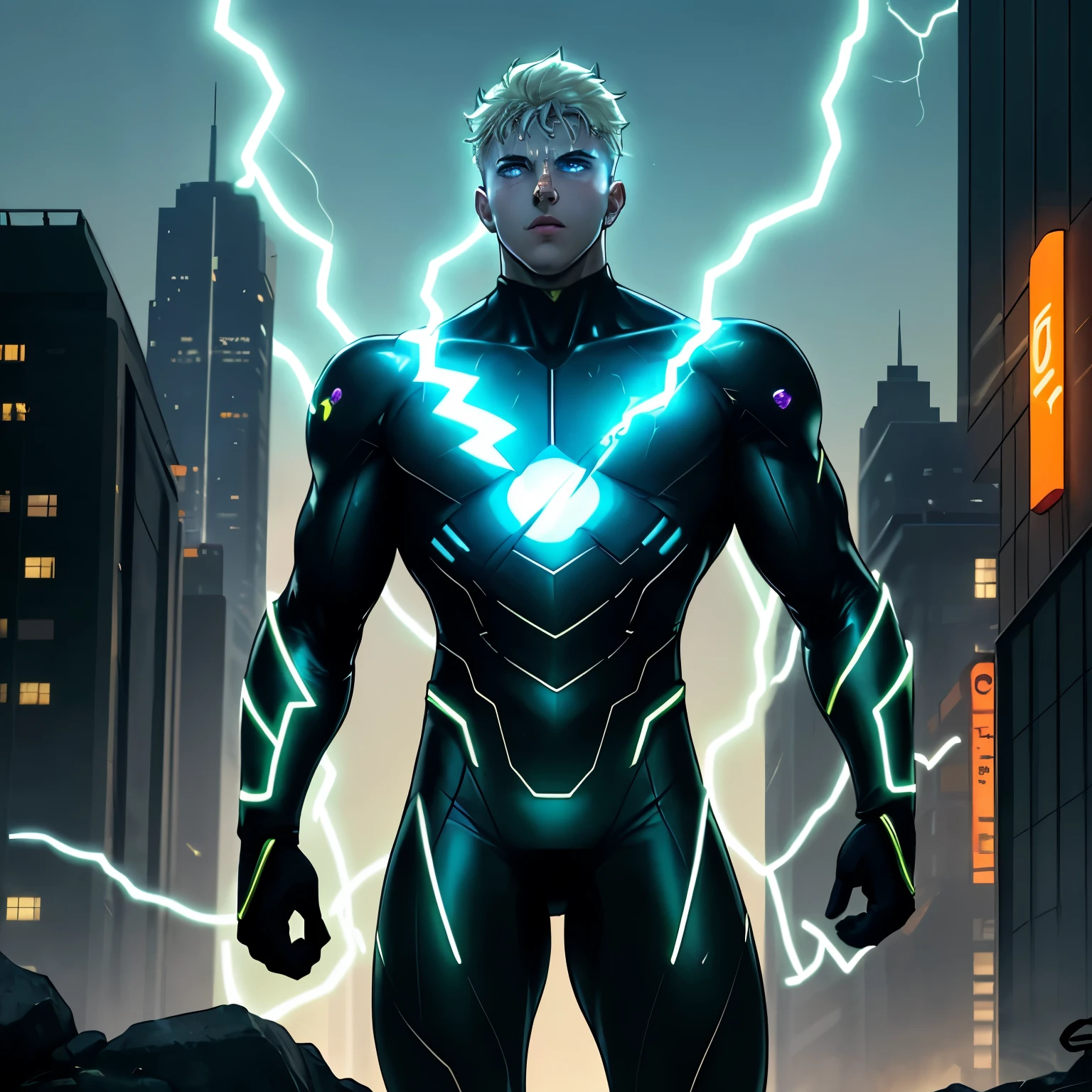 In the heart of the city, a young boy with electrifying powers stands tall. His body is clad in a vibrant, radioactive suit, a symbol of his extraordinary abilities. A glowing sign "E" emblazons his chest, signaling his earth-shattering capabilities.

The lighting within his skull pulsates in sync with the rhythm of his thoughts, casting an ethereal glow on his determined face. The boy's eyes gleam with intelligence, cognizant of the immense power coursing through his veins.

Sweat drips down his forehead as he exerts his control over the earth beneath him. The ground quakes and splits open, revealing a hidden network