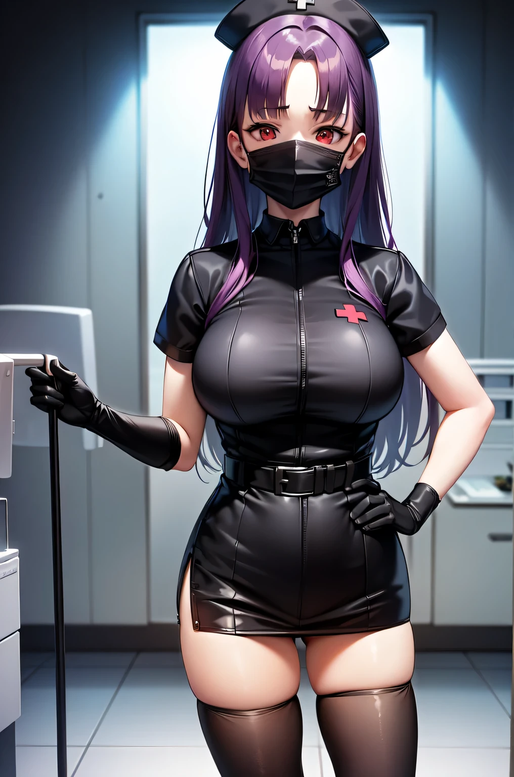 black nurse, 1woman, solo, black nurse cap, black nurse uniform, ((black legwear, zettai ryouiki)), black elbow gloves, long hair, purple hair, red eyes, ((black surgical mask, covered nose)), standing, ((surgery room)), sharp outline, short sleeves, mature female, 35 years old, best quality, masterpiece
