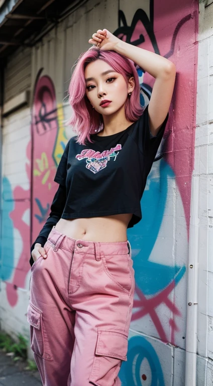 best quality, Clarity, 4k, 8k, detail, actual, Beautiful Girl, Korean makeup, Red lips, pink and blue hair, Perfect body, thigh, stand, pose standing, medium chest, inner top, Pink and Blue Cargo Box Pants, Solid graffiti wall background, Graffiti art,