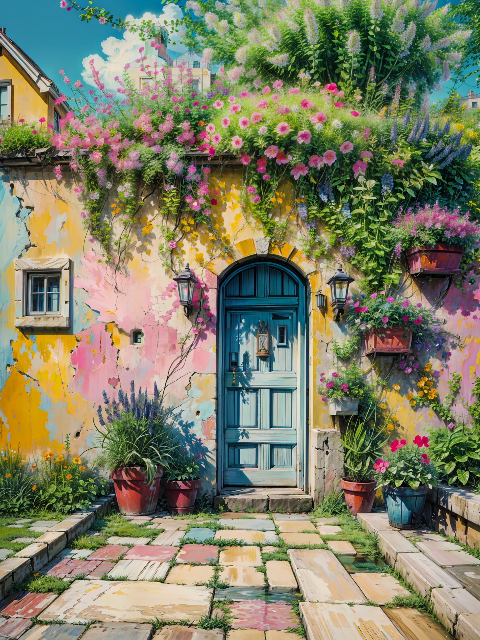 a yellow building with a blue door and pink flowers, pink door, flowery cottage, blue door, dreamy colors, colorful house, greece, beautiful color composition, mediterranean architecture, lush flowery outdoors, vibrant pastel color palette, fantasy italy, bougainvillea, colorful architecture, vibrant uplifting color scheme, southern european scenery, lush chic garden, beatiful house, 4k hd,, beautiful art uhd 4 k, a beautiful artwork illustration, beautiful digital painting, highly detailed digital painting, beautiful digital artwork, detailed painting 4 k, very detailed digital painting, rich picturesque colors, gorgeous digital painting