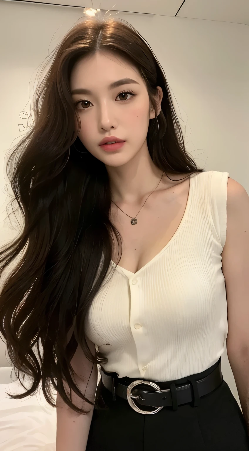 (Best quality, high resolution, masterpiece: 1.3), a tall and beautiful woman, slender abs, ((Dark Dark Hair In Loose Wavy Styling)) ((Long Red Hair In Big Waves)) breasts, wearing a pendant, white buttoned shirt, belt, black Res Veigna, (background is an interior modern bed), face and skin texture in beautifully presented details, detailed eyes, double eyelids