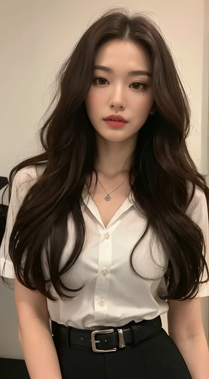 (Best quality, high resolution, masterpiece: 1.3), a tall and beautiful woman, slender abs, ((Dark Dark Hair In Loose Wavy Styling)) ((Long Red Hair In Big Waves)) breasts, wearing a pendant, white buttoned shirt, belt, black Res Veigna, (background is an interior modern bed), face and skin texture in beautifully presented details, detailed eyes, double eyelids
