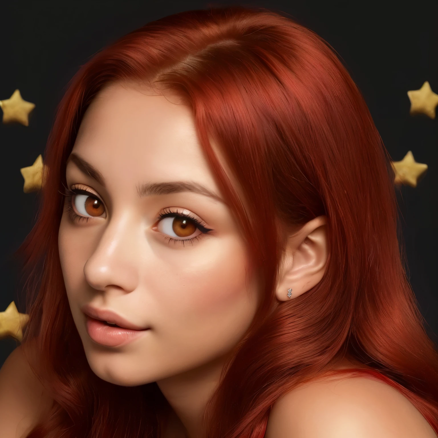 1 garota, idade 25, Solo, Olho estrela (star-shaped pupil), infinite heart (full of emotion), Cabelo vermelho (red hair), Olhos vermelhos (red eyeotor irreal (surreal engine), Side lighting (light from the side), Rosto detalhado (detailed face), Franja (scar or mark), Pele brilhante (shiny skin), Fundo simples (simple background), Fundo escuro (dark background.
Imagine a young woman, 25 years old, sitting alone with an star-shaped pupil in her captivating red eyes, her red hair