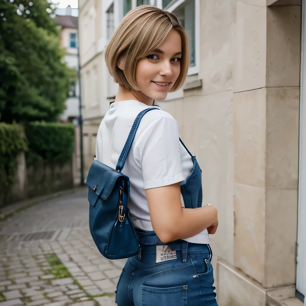 Meisterwerk, good quality, Realistisch, Fotoshooting, girl, pretty, Short bob haircut just above the shoulders, blonde, Seitenteil, Kein Pony, smiling, Modell, Fachmann, , hole body, Full body framed, Sehr detaillierte Darstellung, Galakleid Rot, Geht von links nach rechts, Medium sized handbag, schick, von der Kamera abgewandt, wears blue jeans, Sneaker-Schuhe

