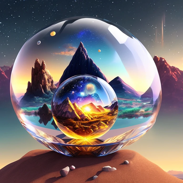 there is a crystal ball with a mountain scene inside of it, crystal ball, universe in a grain of sand, glass ball, glass sphere, giant glass dome in space, foreseeing the future, surrealism 8k, enchanting and otherworldly, planet and stars, dreamscape in a jar, (fantasy), ssci - fi and fantasy