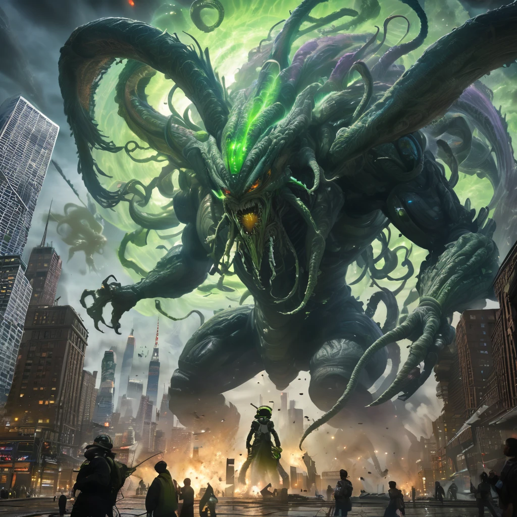 A dynamic and intense scene of a massive space war, with a colossal alien monster looming over New York City. The alien, with tentacles and a menacing countenance, is surrounded by a swirling vortex of cosmic energy. The city skyline is in chaos, with buildings collapsing and people screaming in terror.