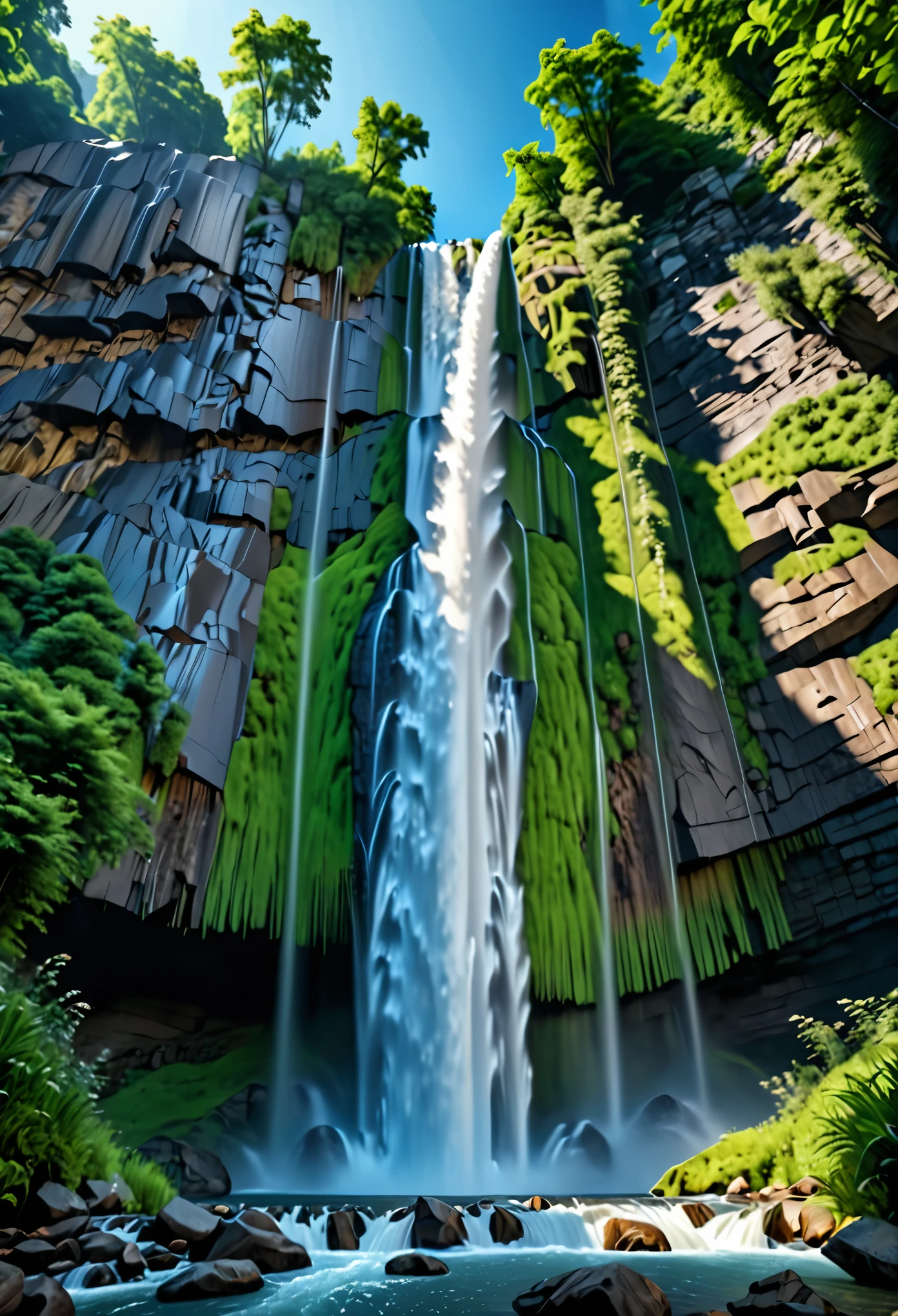 Masterpiece,Best quality, ultra detailed,8k,(((very big waterfall))), Spectacular view ,outdoor,mountain,summer,Composition looking up from below