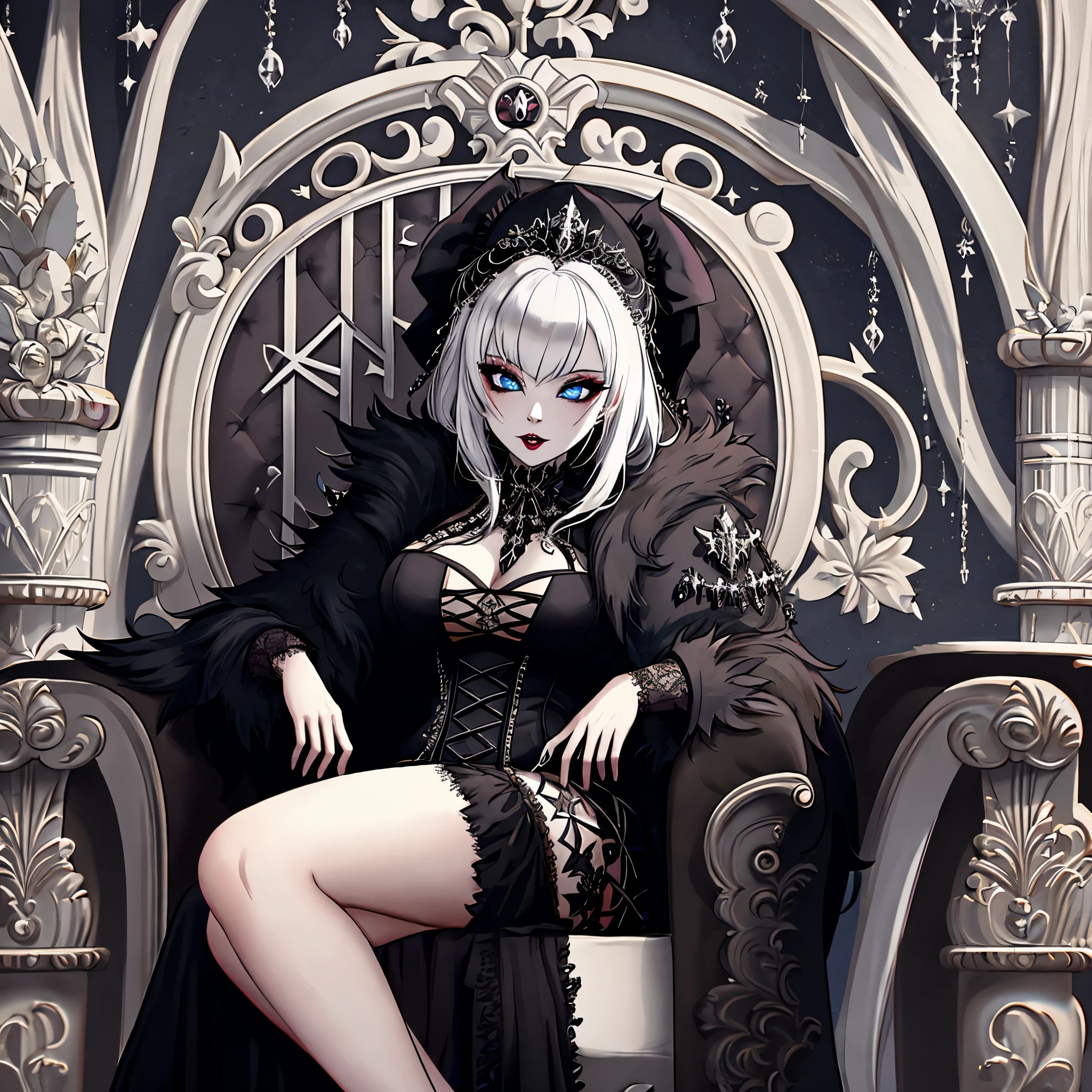 blond woman in black dress and fur coat posing in front of a white chair, modeling photograph kerli koiv, gothic and futuristic, dark fantasy female magician, beautiful vampire queen, beautiful vampire female queen, gothic maiden, kerli koiv, gothic maiden of the dark, dark goth queen, queen of darkness, vampire queen, kerli koiv as anime girl, vampire