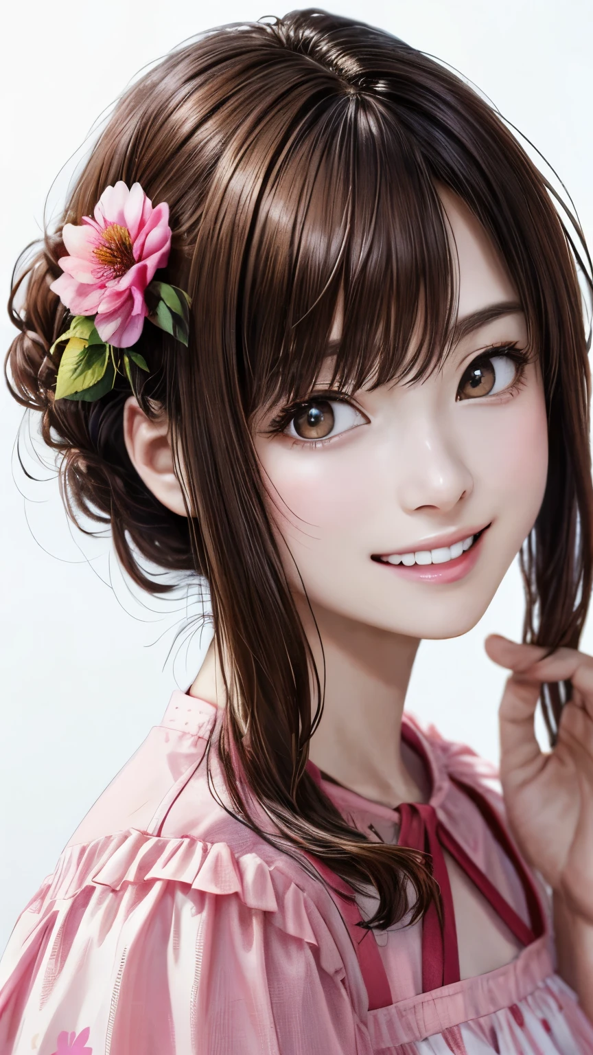 (highest quality、8k、32K、masterpiece)、(realistic)、(Photoreal:1.2)、(High resolution)、Super detailed、very beautiful face and eyes、1 girl、round and small face、thin waist、delicate body、(close、highest quality、high detail、rich skin details)、(highest quality、8k、oil paint:1.2)、Super detailed、(realistic、realistic:1.37)、bright colors、(((brown hair)))、(((bust shot)))、(((medium hair)))、(((pure white wall background)))、(((pure white wall background)))、(((I'm an OL)))、(((She has a happy expression)))、(((I&#39;laughing)))、(((wearing a pink dress)))、(((A dress with a flower pattern)))、(((look straight ahead)))、(((brown hair)))、(((I have brown hair)))、(((the skirt is short)))、(((teeth visible)))、(((The hand is in front of the mouth)))、