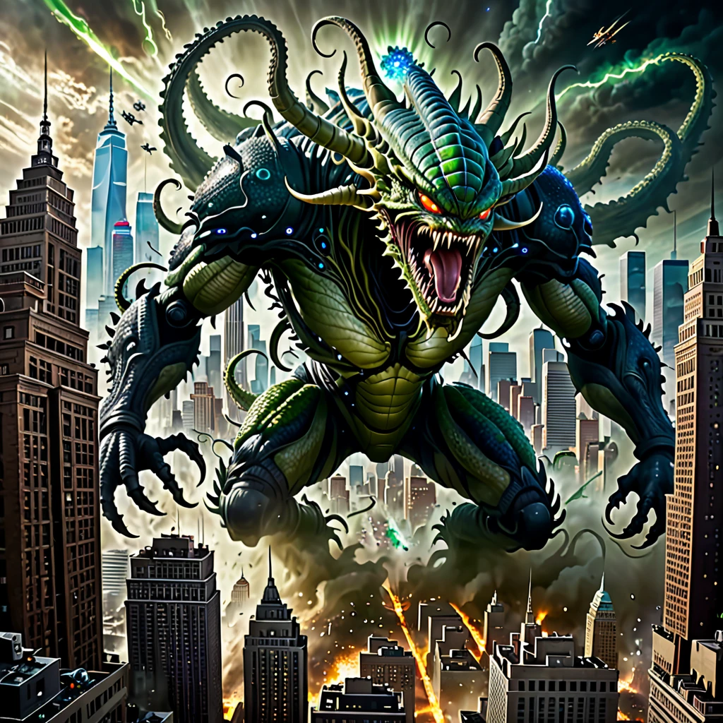 A jaw-dropping illustration of an epic space battle, with a massive alien monster looming ominously over New York City. The creature has multiple tentacles and a sinister grin, surrounded by a chaotic whirlwind of cosmic energy. The city skyline is in disarray, as buildings collapse and citizens cower in fear, their screams adding to the cacophony of sounds. The overall tone of the image is intense, evoking a sense of dread and impending doom.