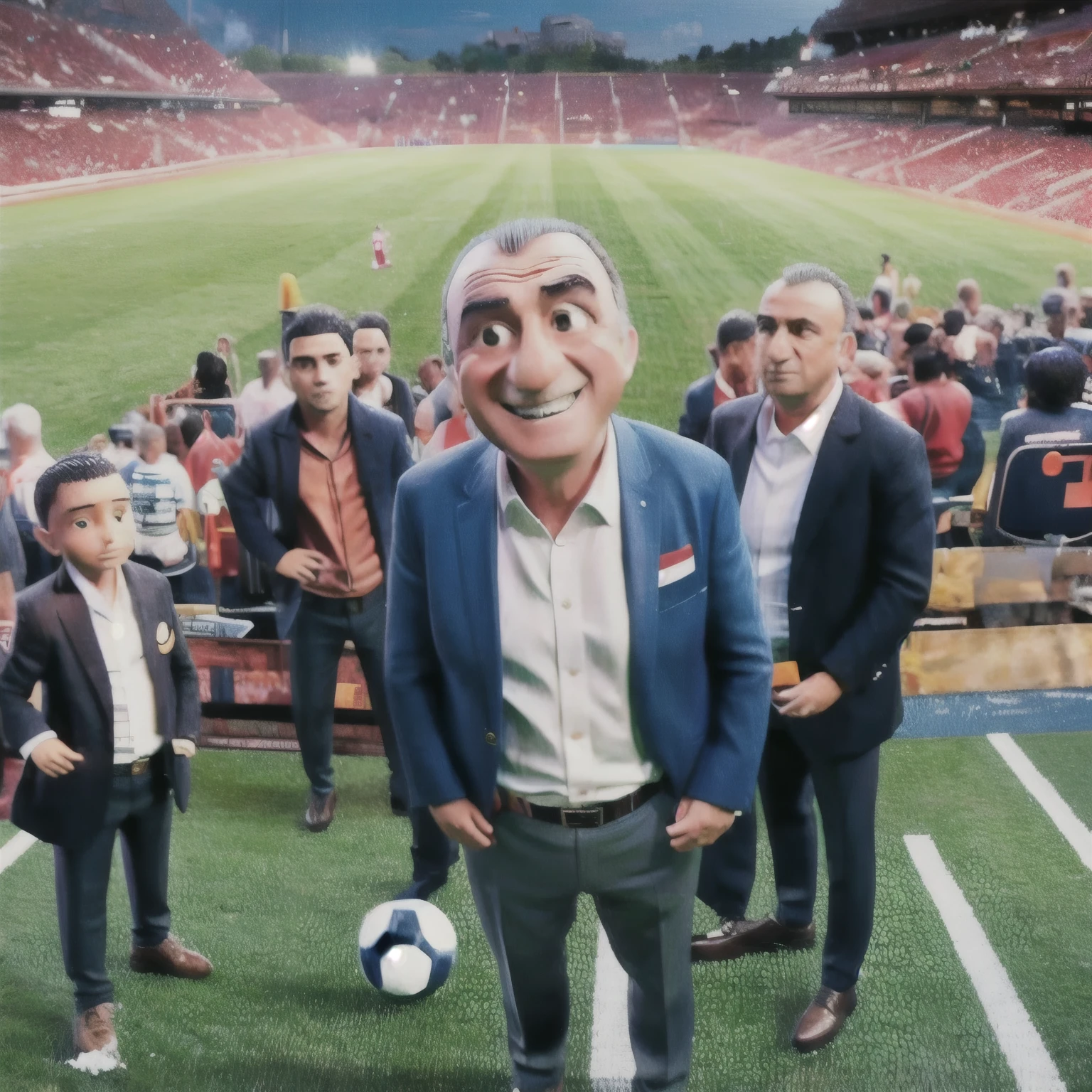 (masterpiece, best quality:1.2), fatihterim, happy, surrounded by other footballers, soccer field, fans, night time 