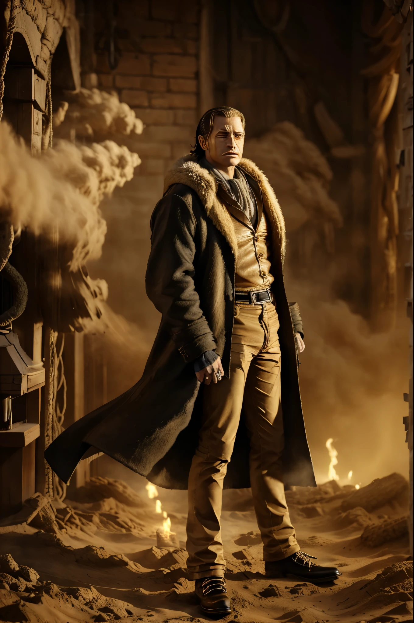 masterpiece, best quality, extremely detailed, hyperrealistic, photorealistic, a cool 40s man, ultra detailed face:1.2, fur-trimmed coat, scarf around the neck, his left hand is a golden pirate hook:1.1, sandstorm, dynamic pose
