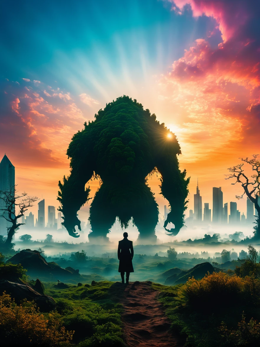 foggy field, trees, ((giant creature1.5)), ((enveloped by fog:1.5)), horizon, unclear shape, towering, city skyline, small humans, mystery, awe, natural landscape, fantastical, eerie, captivating, dawn, dusk, mystical quality, vastness, minuteness, known world, unknown, nature, civilization, subdued colors, ethereal, silhouette, soft light, sky, photo real, Shot on a 50mm lens, classic composition, masterpiece, exquisite, color correction, amazing visual effects, crazy details, intricate details, sharp focus, super high effect，(UHD, masterpiece, ccurate, anatomically correct, textured skin, high details, high quality, award winning, 8k), ((super high saturation, extremely bright and bright colors)，whole body，ultra wide angle lens，