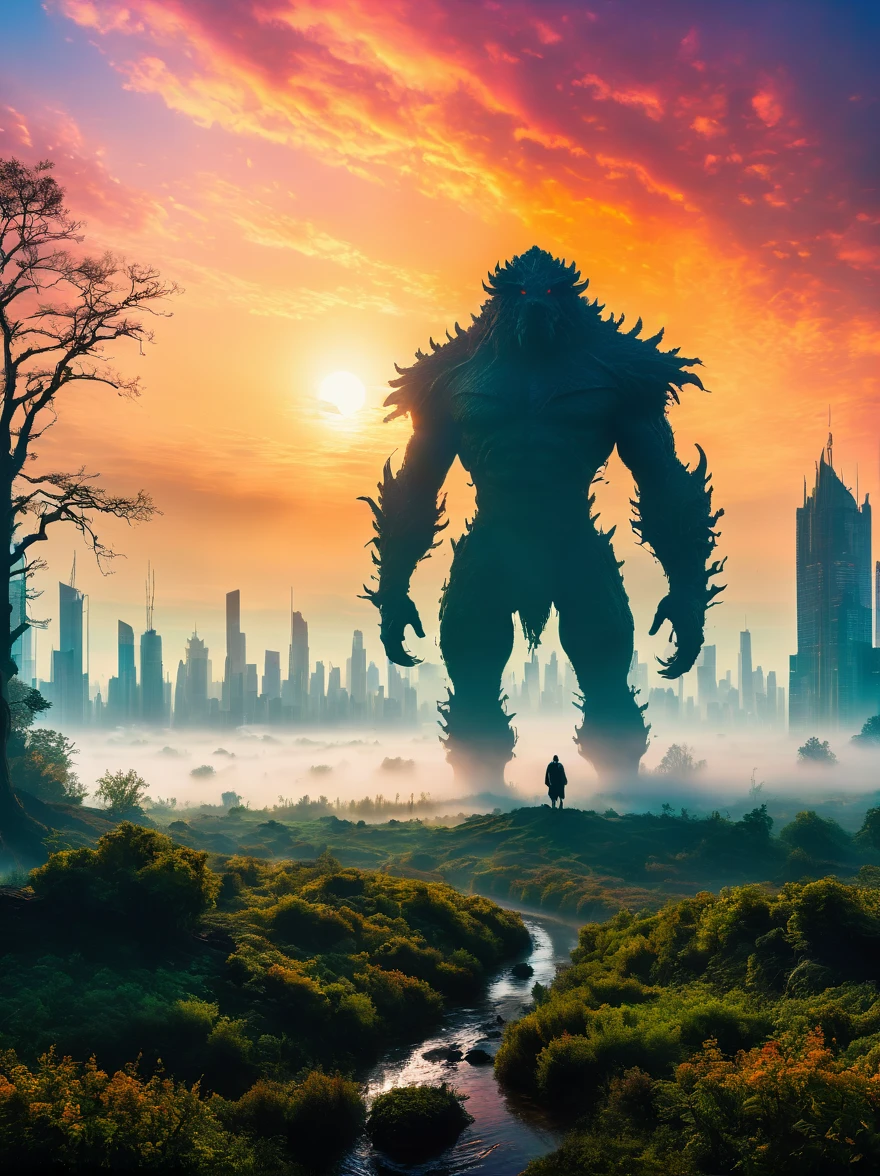 foggy field, trees, ((giant creature1.5)), ((enveloped by fog:1.5)), horizon, unclear shape, towering, city skyline, small humans, mystery, awe, natural landscape, fantastical, eerie, captivating, dawn, dusk, mystical quality, vastness, minuteness, known world, unknown, nature, civilization, subdued colors, ethereal, silhouette, soft light, sky, photo real, Shot on a 50mm lens, classic composition, masterpiece, exquisite, color correction, amazing visual effects, crazy details, intricate details, sharp focus, super high effect，(UHD, masterpiece, ccurate, anatomically correct, textured skin, high details, high quality, award winning, 8k), ((super high saturation, extremely bright and bright colors)，whole body，ultra wide angle lens，