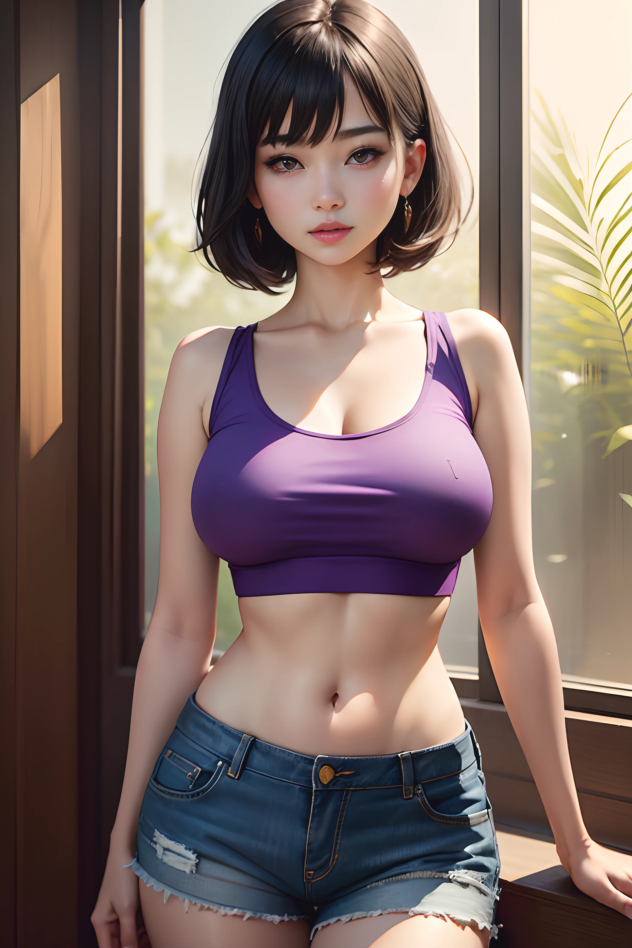 ((top-quality))、((masterpiece))、realisticlying、1 girl、A dark-haired、bob cuts、Purple eyes、radiant eyes、(Colossal tits), T-shirt, croptop, Shorts,