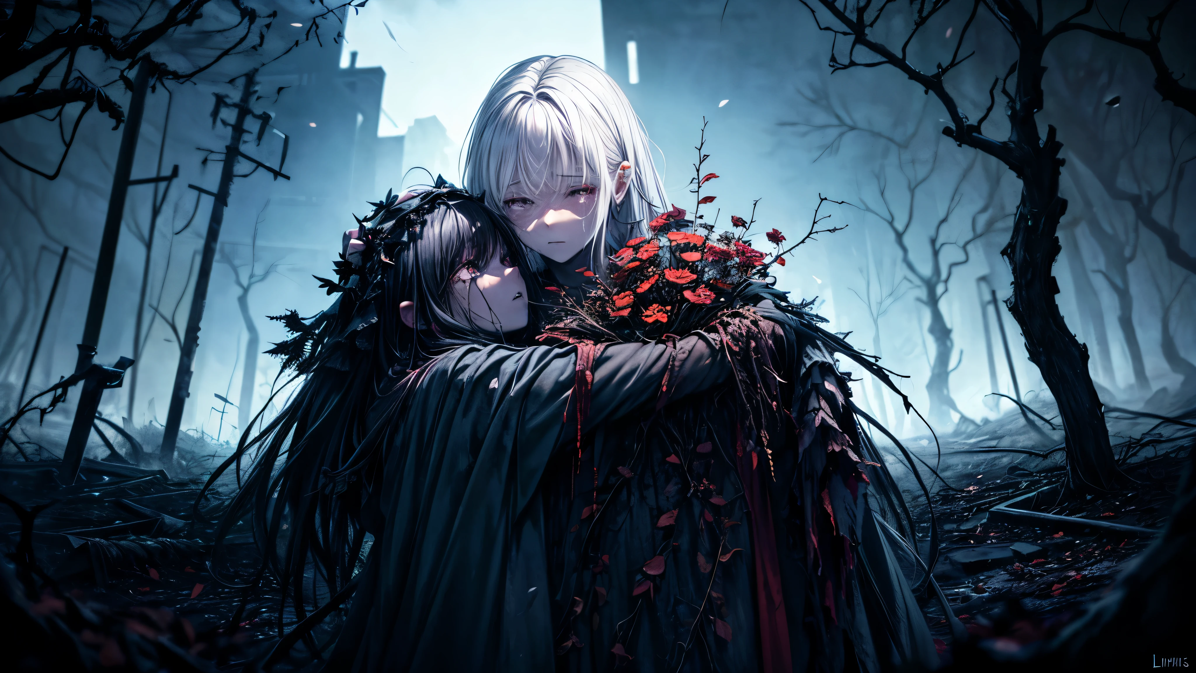 (best quality,high resolution,super detailed,lifelike:1.2),dark abyss background,hell,sinister,Girl in rags,crying emoticon,burst into tears,white hair,face close-up,extremely pale skin,lifeless skin,Holding bright red flowers in hand,apocalyptic,medieval town ruins,building collapse,crack surface,ominous clouds,blood moon,Cracks appear in the ground,dead tree,Overgrown vines,Behind me are huge blue glowing vines,Spooky shadows,eerie silence,The wind howls in the distance,ominous atmosphere,deserted street,falling petals,unforgettable beauty,The air is filled with the smell of loneliness,Lost souls wandering around,Weaving a web of despair,Darkness prevails,Embrace the unknown.