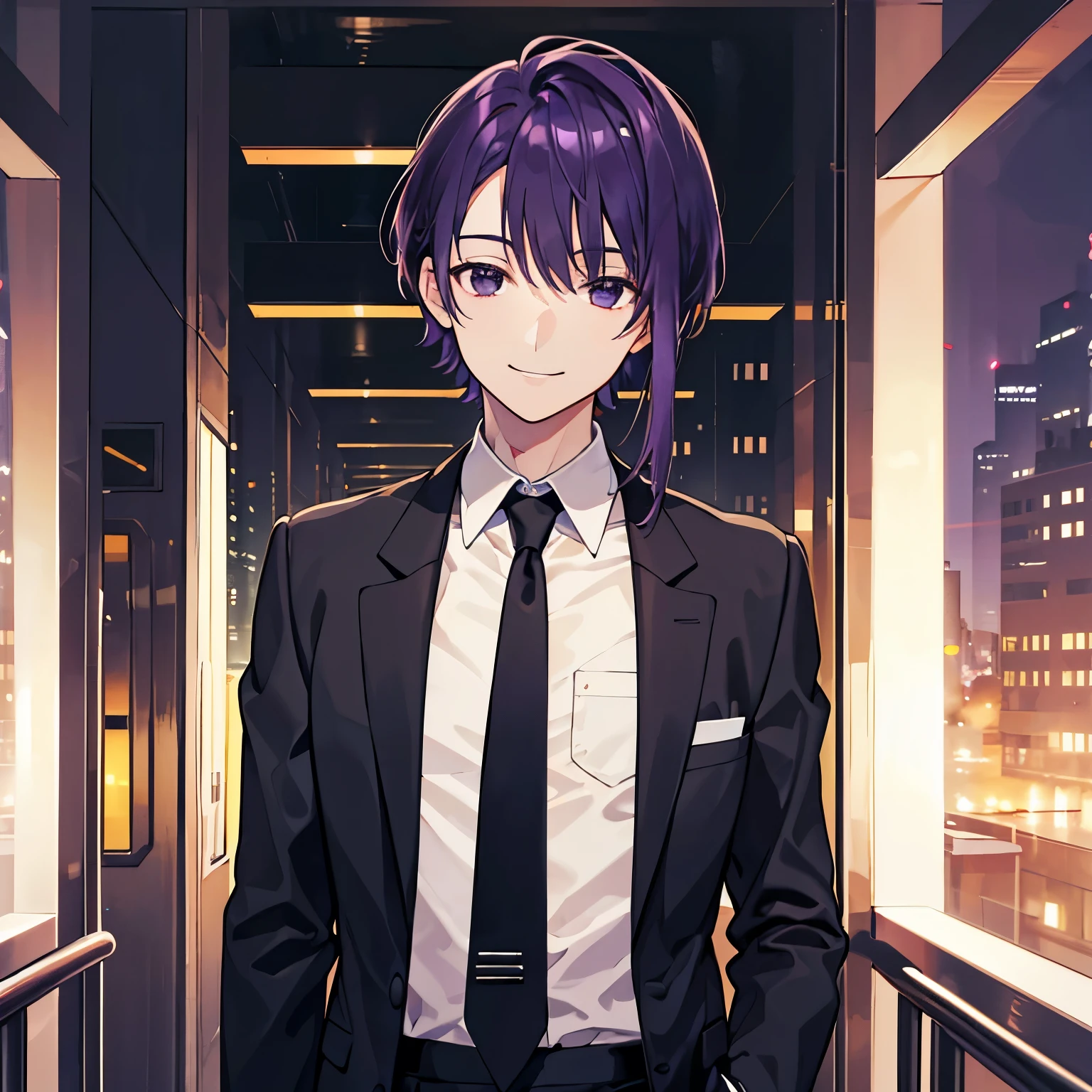 1man solo, business suit, at night, on-board ship, intelligent, upper body, smiling, standing, looking down, shady, business suit, center part, shiny hair, purple hair, black eyes, tall