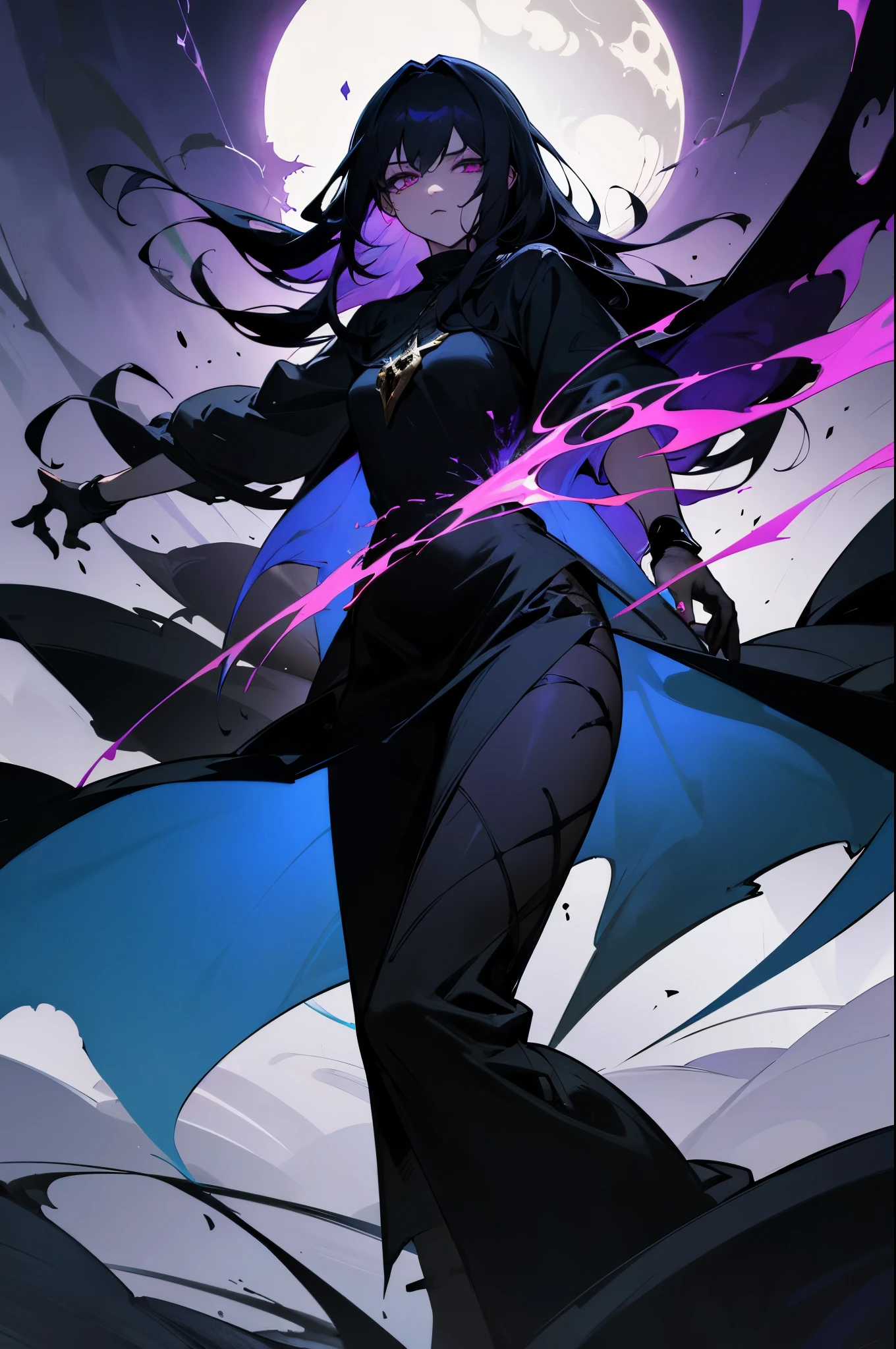 The Splash Art of Morana, the Priestess of Nightmares, is a dark and intriguing depiction of the champion, steeped in the essence of nightmares. The scene depicts the character in a nocturnal environment, shrouded in mist and shadows, evoking an atmosphere of fear and mystery. Morana is portrayed as a slender, sinister figure with long black hair that cascades around her pale, scarred face. His eyes glow with a menacing shade of violet, emitting an otherworldly glow that contrasts with the darkness around him. She wears a long, flowing dress, a deep purple hue, that merges with the shadows, creating a sense of ethereal movement. The champion displays an elegant but menacing posture. His hands are outstretched, as if conjuring up the horrors of nightmares. From the tips of his fingers, strands of dark energy intertwine and snake through the air, forming complex patterns reminiscent of the distorted images of nightmares. The aura of dark energy that surrounds her is tinged with shades of purple and blue, creating a dark and chilling atmosphere. In the background of Splash Art, we can glimpse a surreal scenario, composed of distorted and disturbing landscapes. Gnarled trees stretch toward the night sky, with black, twisted leaves. The full moon hovers over the horizon, casting a faint and sinister light over the landscape. Unsettling shadows dance around Morana, creating a sense of restlessness and horror. Splash Art's lighting is mostly composed of dark and cool tones, underscoring the dark and terrifying elements of the scene. Touches of intense colors, such as purple and deep blue, are used to highlight Morana's mystical and otherworldly presence, splashart, body lines, vibrant colors, exquisite detail, cinematic, artstation, detailed face, by rossdraws, by Kienan Lafferty