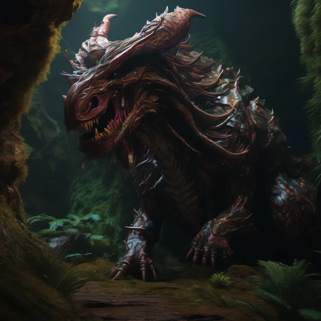 best quality,4k,8k,highres,masterpiece:1.2,ultra-detailed,realistic:1.37, menacing creature,exquisite,crustacean-like,poisonous,haunting,breathtaking design,dynamic angle,from the side,(An extraterrestrial creature is wrecking havoc around the environment, shooting an energy hyperbeam from one of its limbs. Its exquisite shape resembles lovecraftian horrors),intricate patterns,mysterious atmosphere,shadowy brilliance,dimly lit, intense focus on details,gloomy and enigmatic, vivid colors,vibrant hues,subtle shading,stark contrast, soft and diffused lighting,casting eerie shadows, (exquisite biome),dense corrupted swamp,mystical glow, imposing and menacing presence,nightmarish encounter,ominous aura,mystifying allure,venomous secretion, sinister vibration,spreading unease,inducing awe, magnificent creature,dark enchantment, gothic
