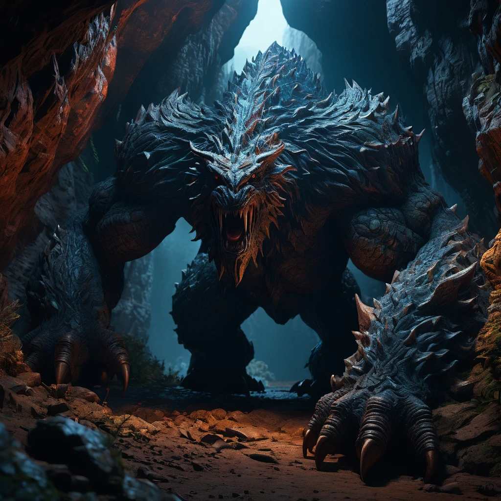 Giant creature, aesthetic, extremely detailed, Giant Creature in a dark cavern, Hyper realistic, Dark-Art, 8K, concept art, filmic, HDR, volumetric lighting, highly detailed, cinematic lighting, artstation, vibrant nature, volumetric light, octane render, redshift render, camera close up, rich deep moody colors, ultra realistic