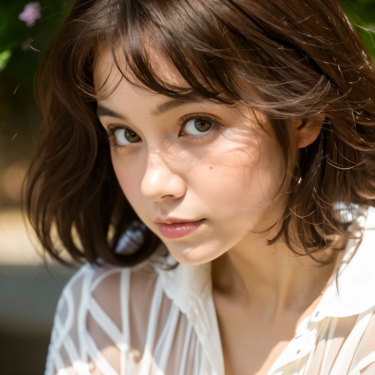 girl，dark brown hair，big clear eyes，light in the eyes，larger breasts，clear，droopy eyes，curly hair，white blouse，日本人のgirl，