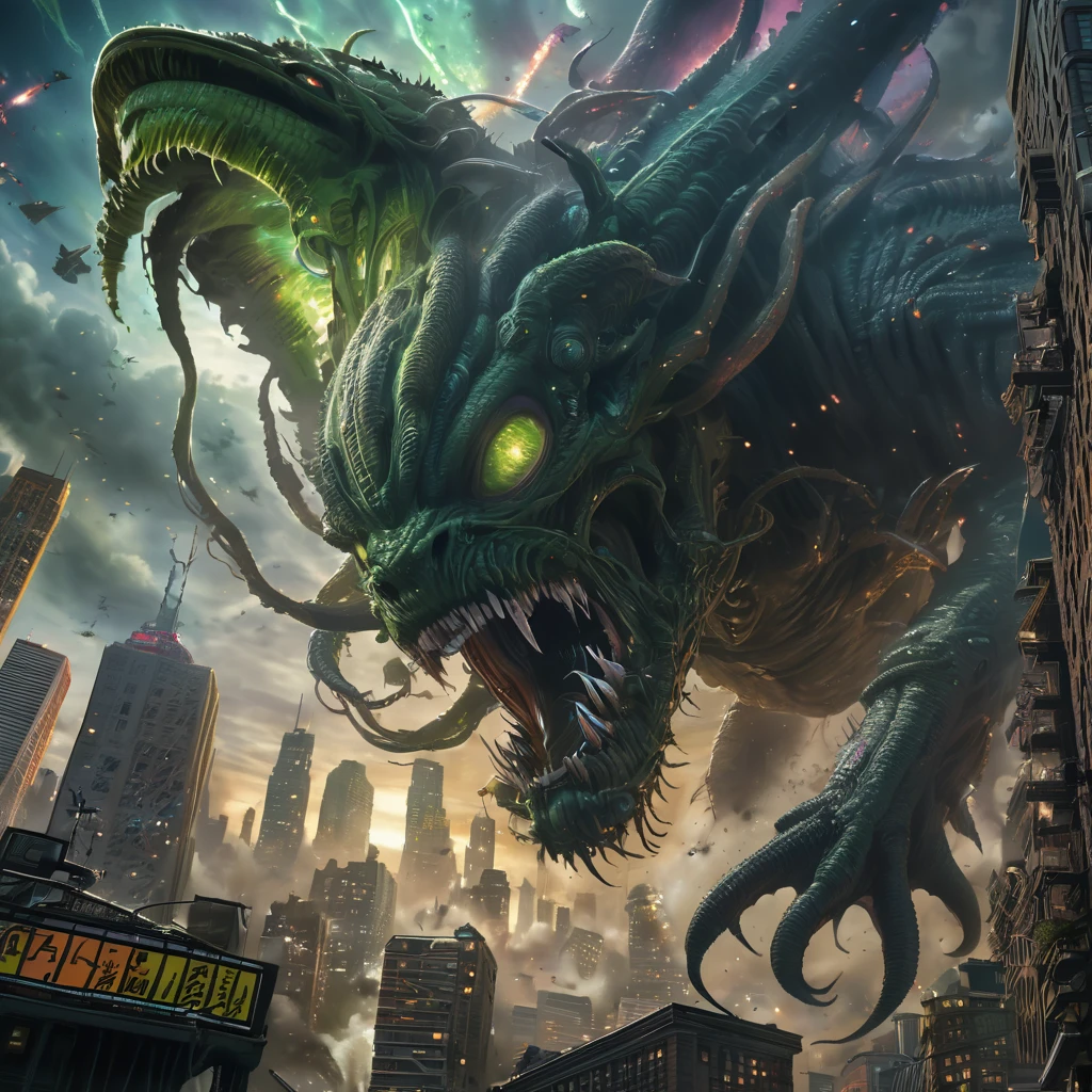A jaw-dropping illustration of an epic space battle, with a massive alien monster looming ominously over New York City. The creature has multiple tentacles and a sinister grin, surrounded by a chaotic whirlwind of cosmic energy. The city skyline is in disarray, as buildings collapse and citizens cower in fear, their screams adding to the cacophony of sounds. The overall tone of the image is intense, evoking a sense of dread and impending doom.
