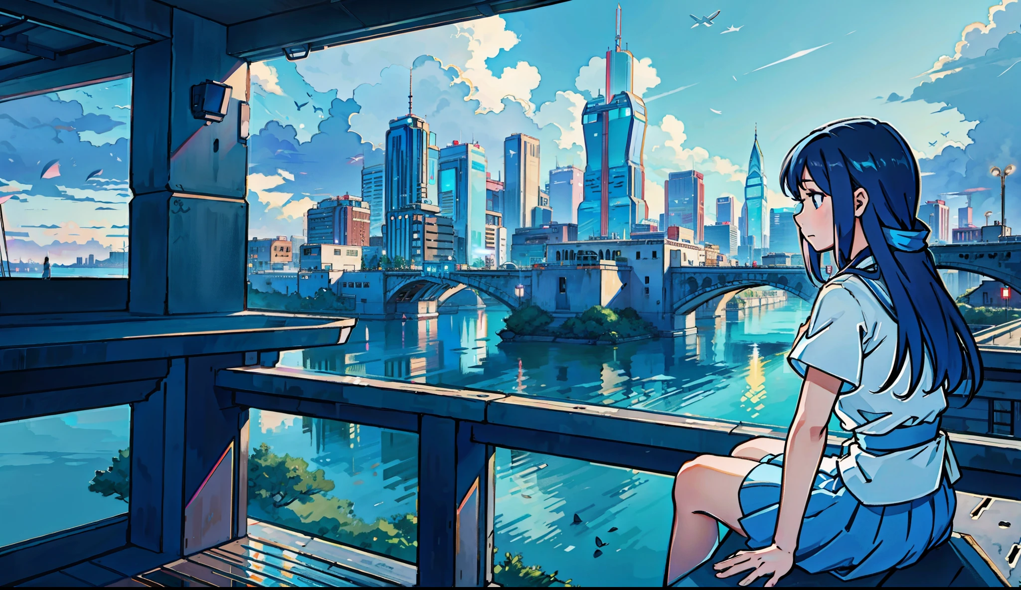 Anime girl sitting on a ledge overlooking the city and the river, Best Anime 4K Kona-chan Wallpaper, 2. 5 d cgi anime fantasy artwork, Complex and gorgeous anime CGI style,break,be familiar with,realistic,4K high-definition digital art,octane rendering, bioluminescence, break 8K resolution concept art, realism,by mappa studio,masterpiece,highest quality,official art,figure,clear lines,(nice_color),perfect composition,disorganized, fantasy,concentrated,Rule of thirds