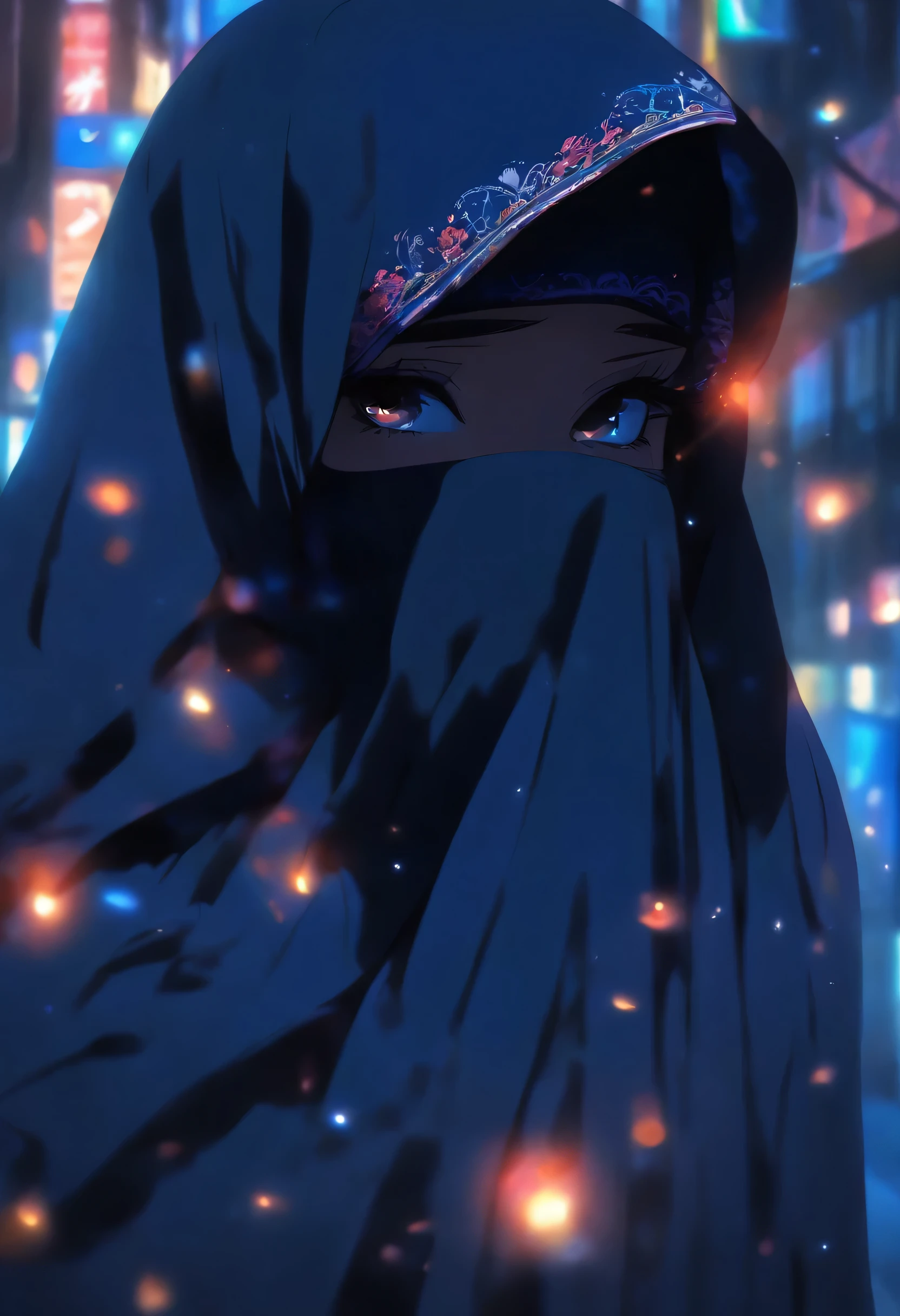 Muslim girl wearing long, wide, Modest black dress, She covers her face with a veil, Her eyes are dark blue,
