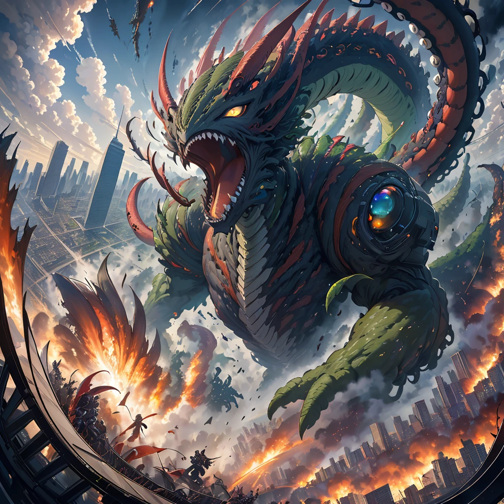A jaw-dropping illustration of an epic space battle, with a massive alien monster looming ominously over New York City. The creature has multiple tentacles and a sinister grin, surrounded by a chaotic whirlwind of cosmic energy. The city skyline is in disarray, as buildings collapse and citizens cower in fear, their screams adding to the cacophony of sounds. The overall tone of the image is intense, evoking a sense of dread and impending doom.