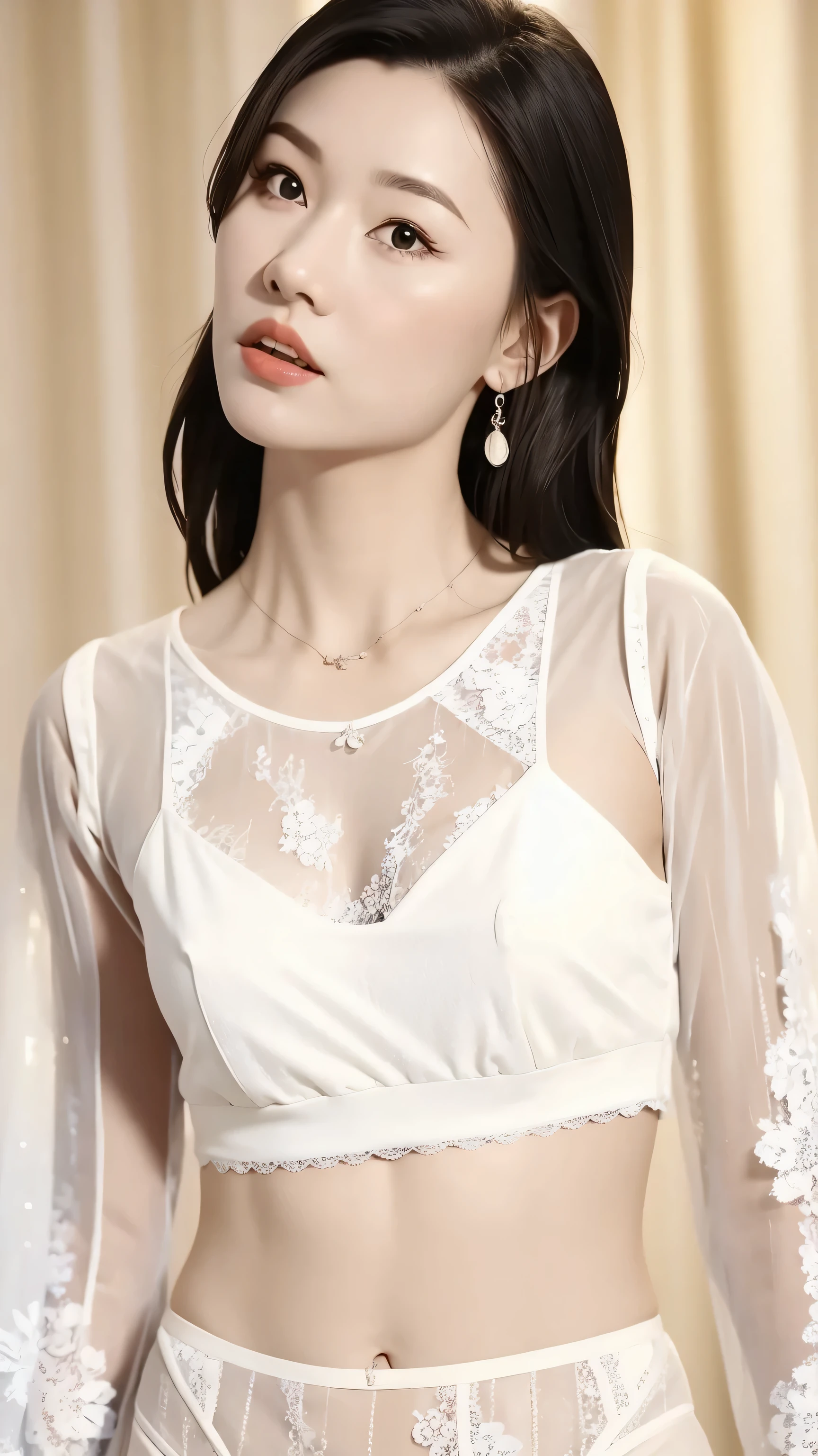 fashion model 20 years old [[[[close up]]]], [[[[neck]]]], [[[[Shoulder]]]], perfect eyes, perfect iris，perfect lips，perfect teeth，Perfect skin，White skin，Soft headlight，High Density Imaging Review，Face slimming type，slender nose，long black hair，（Face is clear and delicate），((white lace underwear))，((Sexy))，The background is the bedroom，big bed，best quality，masterpiece，（pastel colors：1.2）