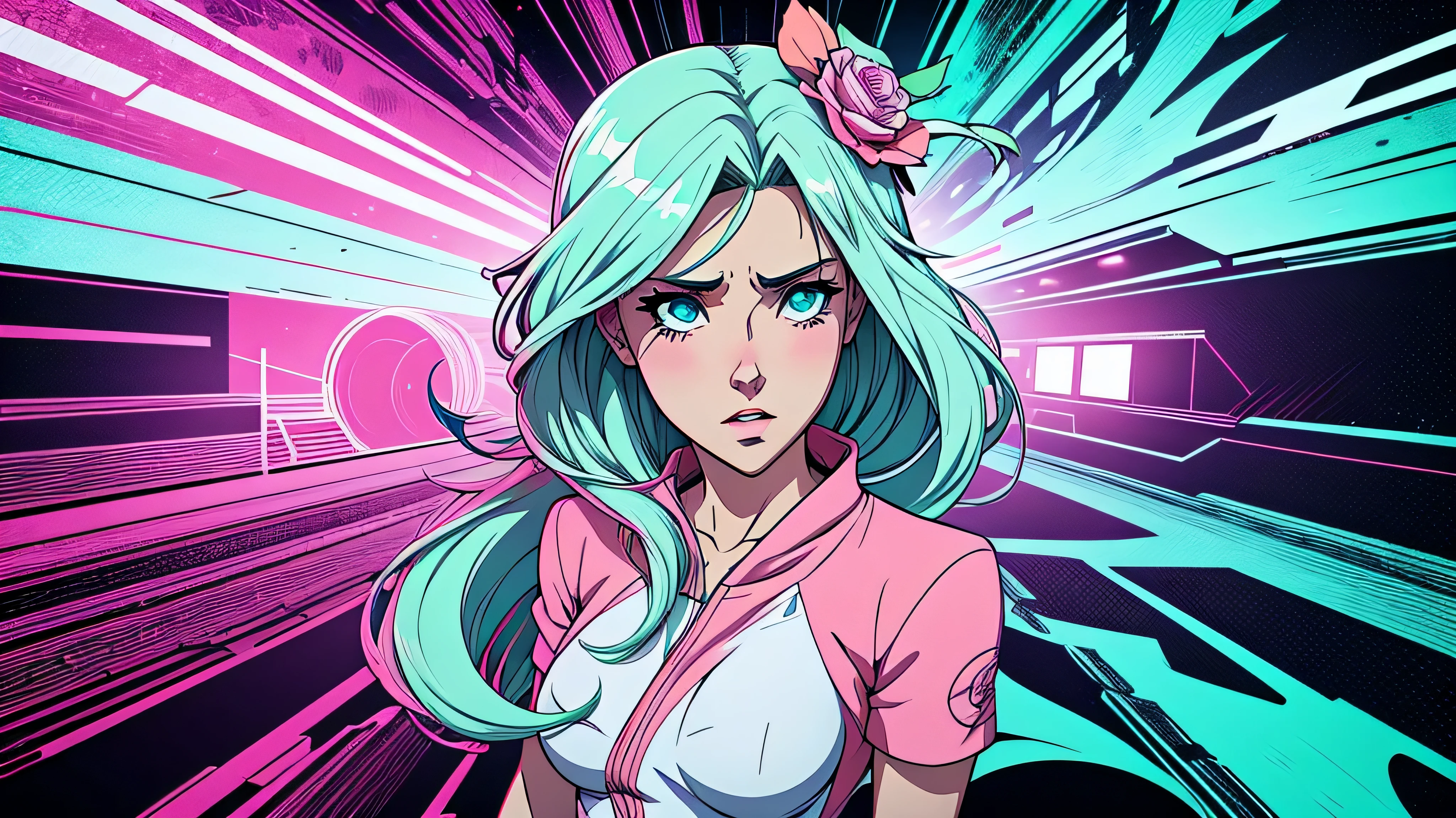garota de anime, corpo inteiro, silence, sedutora, roupas de empregada, Capa do álbum Anime Phonk Brain Sick, ondas sonoras, com cores branco e rosa neon
