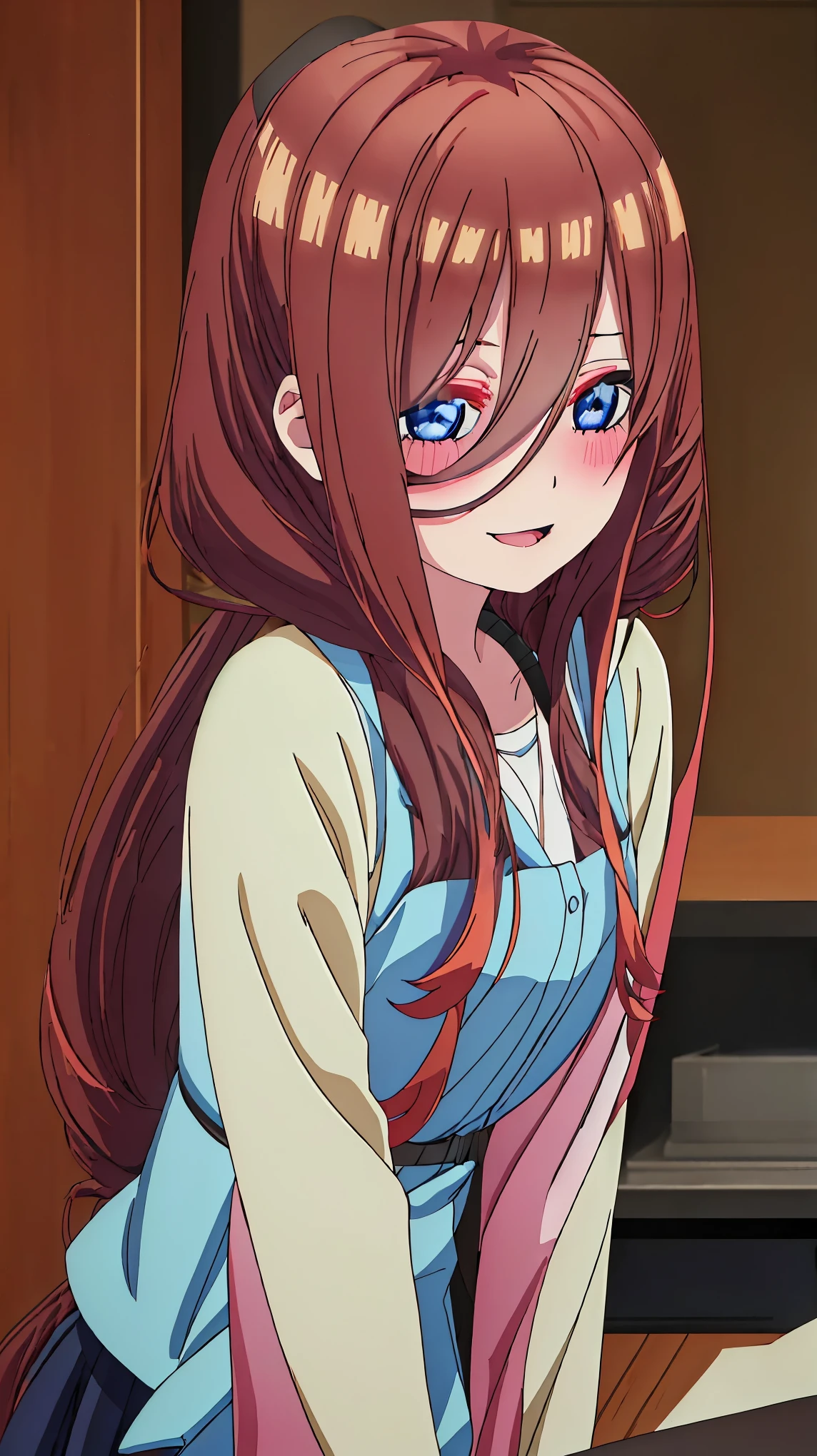 best quality, masterpiece, highres, solo, {nakano_miku_gotoubunnohanayome:1.15}, long_hair, brown_hair, bangs, hair_between_eyes, blue_eyes, , , blush, closed_mouth, shiny_hair, 1girl, blurry, blurry, smile , open mouth,