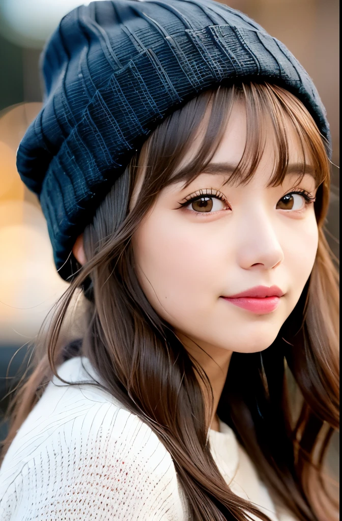 cute woman, slightly brown hair, wavy hair, bangs,
Wear knit hats, sweaters, 
professional lighting, depth of field, bokeh, 
best quality, realistic, masterpiece