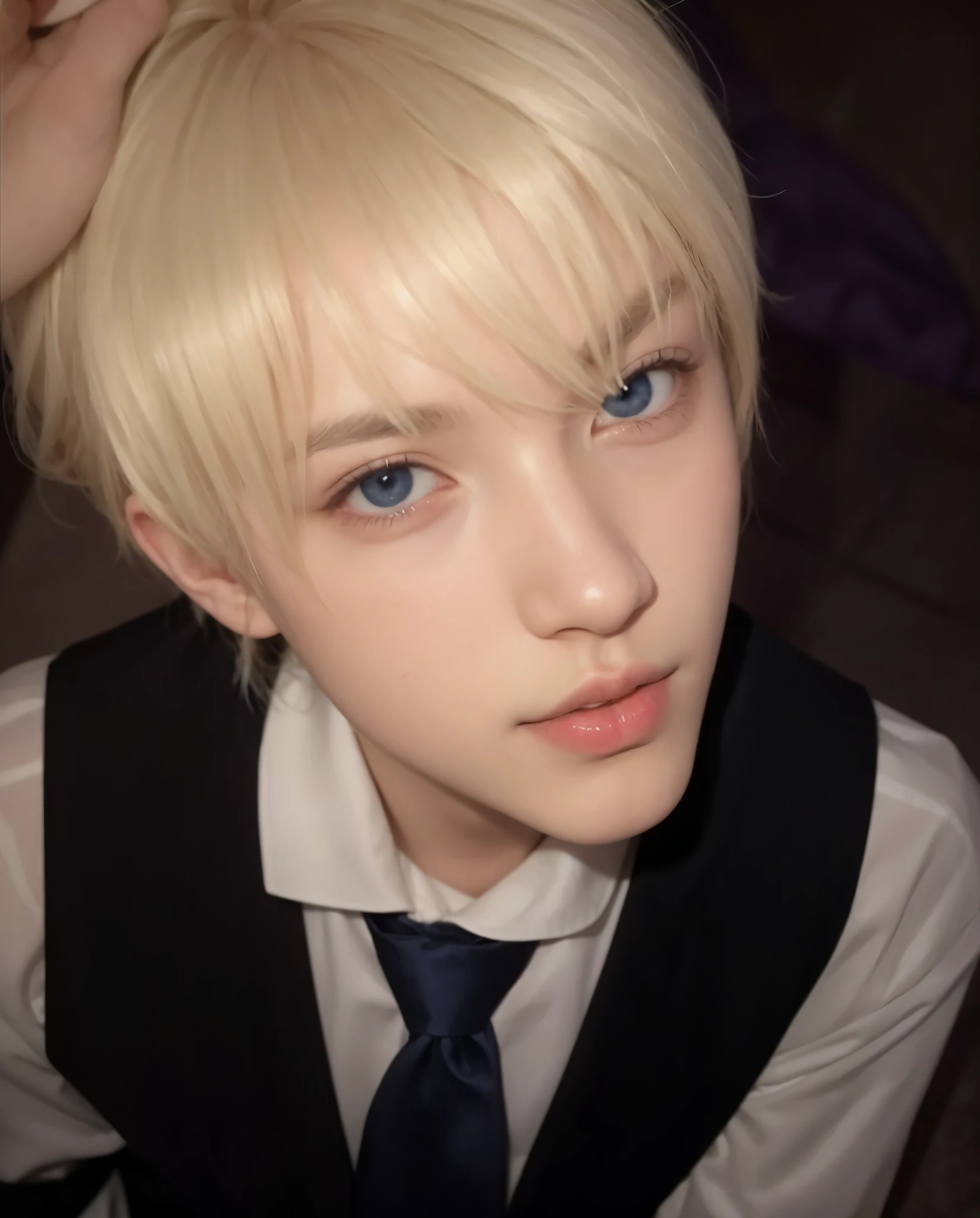 Chico de pelo rubio con ojos azules y corbata posando para una foto., xqc, cai xukun, chico rubio con ojos amarillos, sakimichan, pintar ulzzang, delicate androgynous prince, pale porcelain white skin, chico anime alto con ojos azules, joven rubio, , fancy, thief, shikami, 2b, 2 segundo, cute face, blonde hair, realista, tae bts, angelical