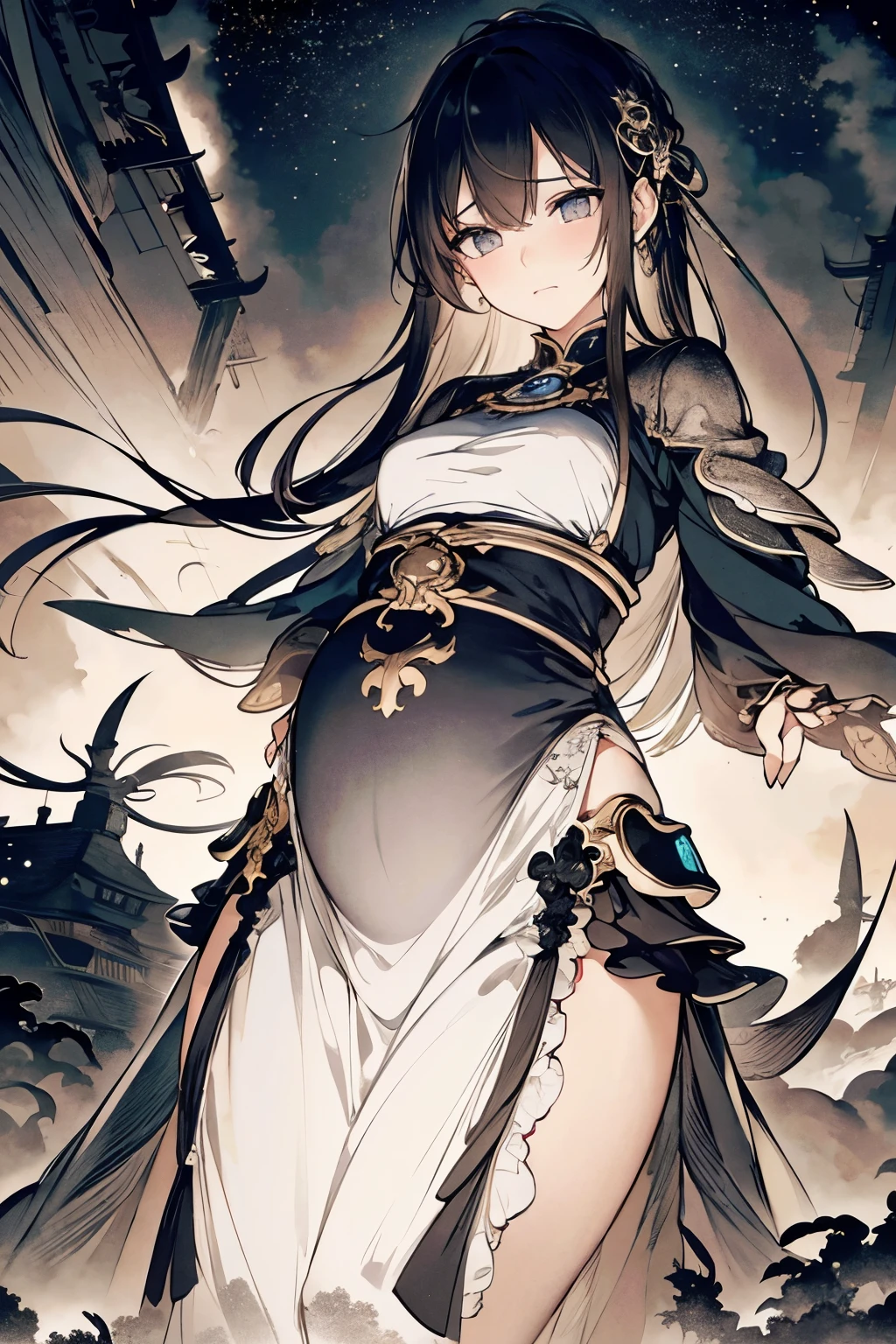 top-quality、masterpiece、Highly detailed 4K photorealistic girl photos+Niō Standing、starrysky、black-and-white、Glaring eyes、Futuristic、Teary-eyed、buliding、Atmospheric flow、silhuette、A quiet , pregnant