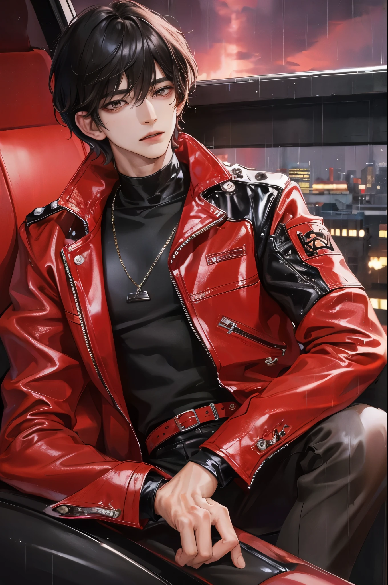 Kim Taehyung, exuding confidence, clad in a striking red leather jacket that gleams under the rain-soaked sky. The jacket is paired with sleek black leather pants, which perfectly complement the boldness of the jacket's hue. His glossy hair, reflecting the rain, adds an alluring touch to the scene, evoking the charm reminiscent of Tadashi Nakayama's distinctive style. With inspirations drawn from contemporary artists like Declan McKenna and Finn Wolfhard, the atmosphere is set aflame with Taehyung's captivating presence. elements surrounding him echo his persona, perhaps incorporating motifs from official BTS photos, allowing