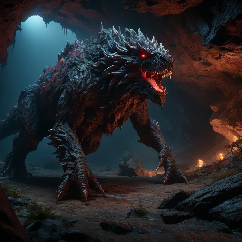 Giant creature, aesthetic, extremely detailed, Giant Creature in a dark cavern, Hyper realistic, Dark-Art, 8K, concept art, filmic, HDR, volumetric lighting, highly detailed, cinematic lighting, artstation, vibrant nature, volumetric light, octane render, redshift render, camera close up, rich deep moody colors, ultra realistic