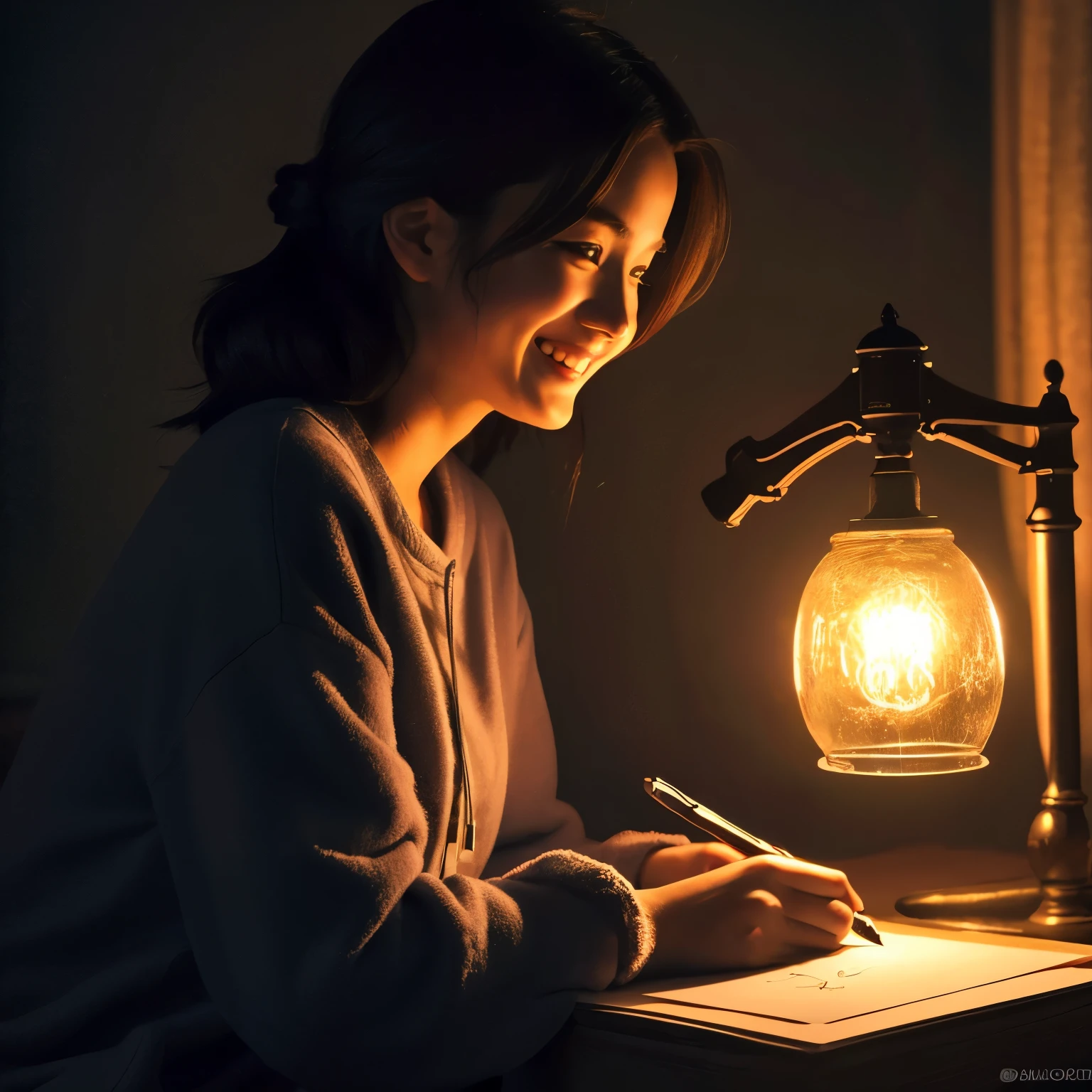 ((best quality)), ((masterpiece)), (detailed), perfect face a girl drawing someone in the dark with her lamp, side view, beutiful and comfy room, she is wearing a comfy clothes, she is beutiful and she is smilling, she has a small smile on her fave
