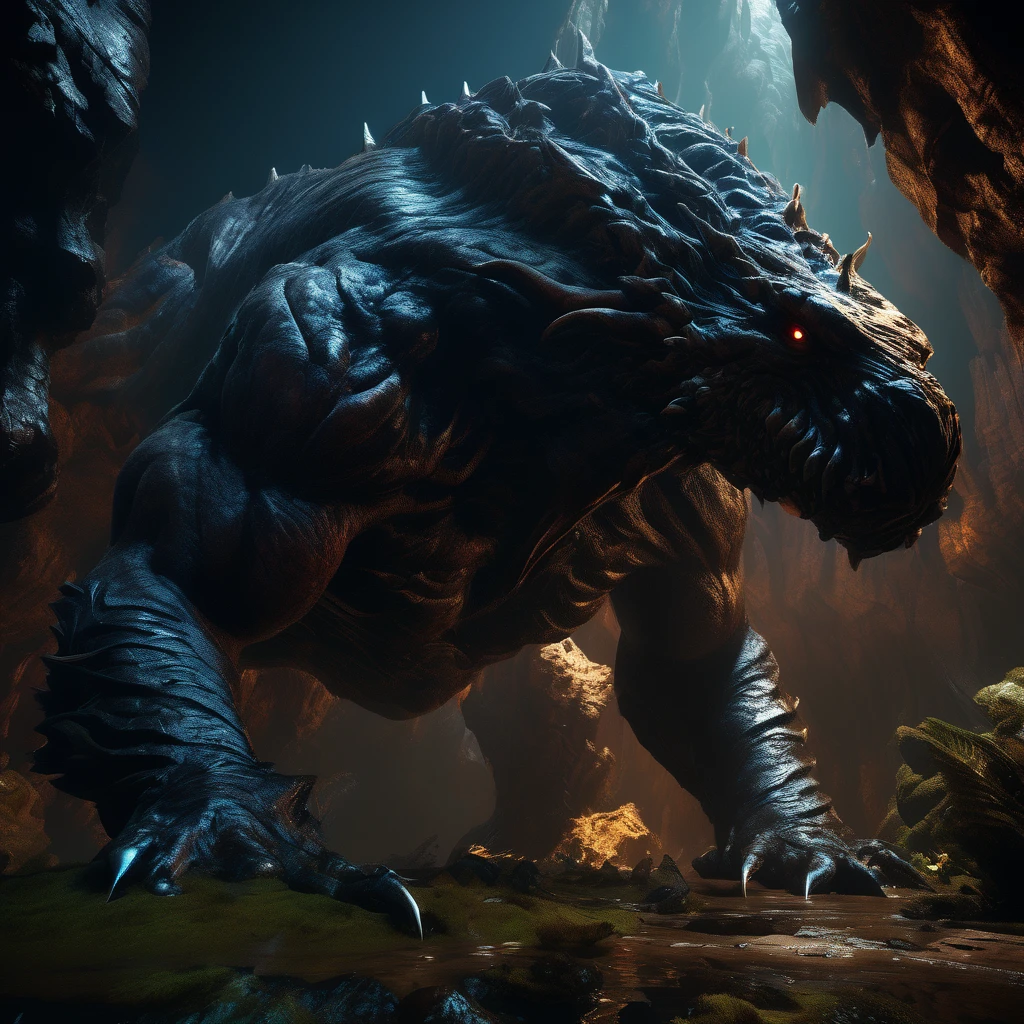 Giant creature, aesthetic, extremely detailed, Giant Creature in a dark cavern, Hyper realistic, Dark-Art, 8K, concept art, filmic, HDR, volumetric lighting, highly detailed, cinematic lighting, artstation, vibrant nature, volumetric light, octane render, redshift render, camera close up, rich deep moody colors, ultra realistic