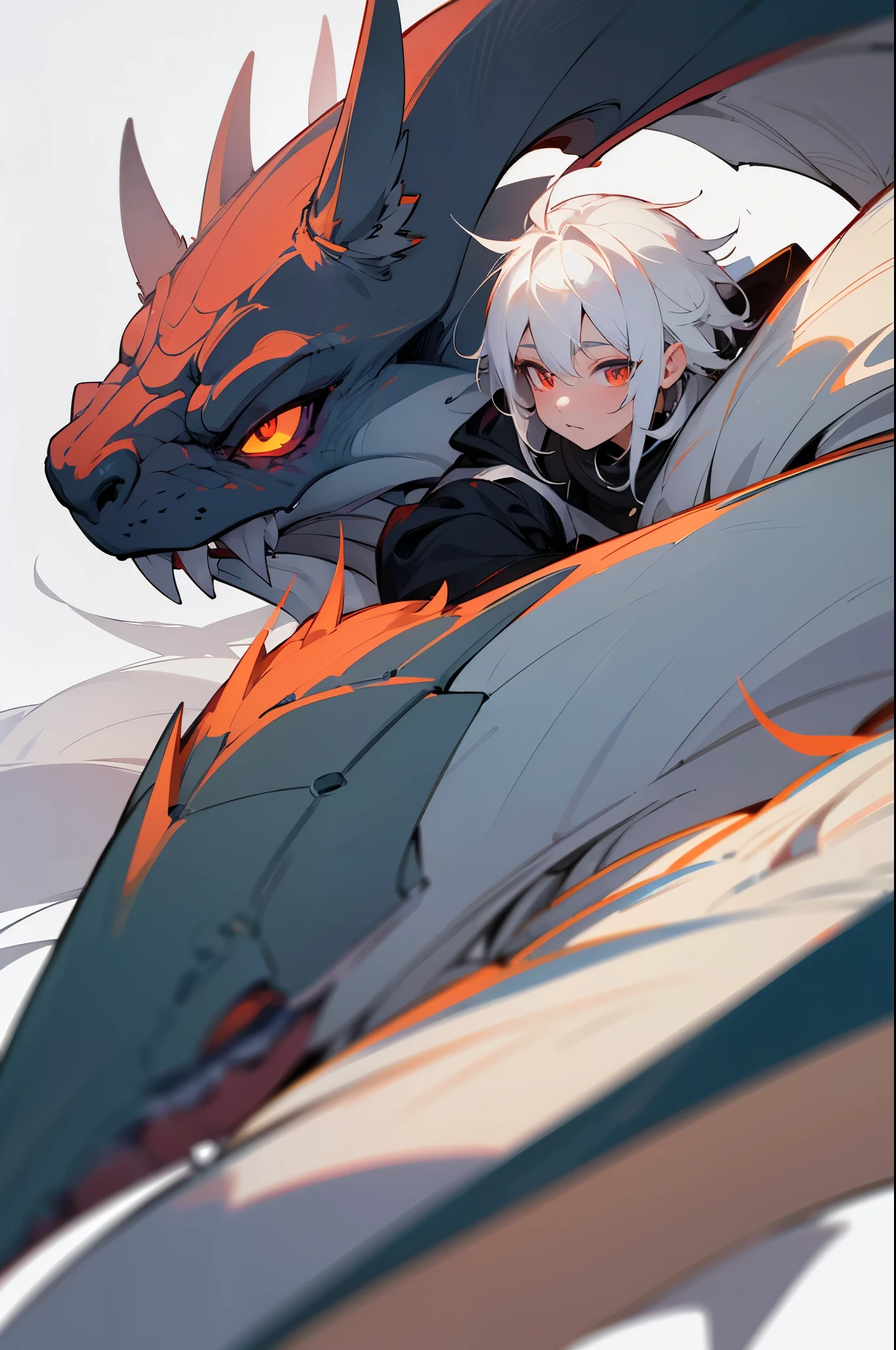 Photo of a handsome Asian man, sitting alone, White hair, red eye, daydreaming, dark forest, wearing black pants, white t-shirt with dragon image, fine quality, Good, photos taken by professional photographers