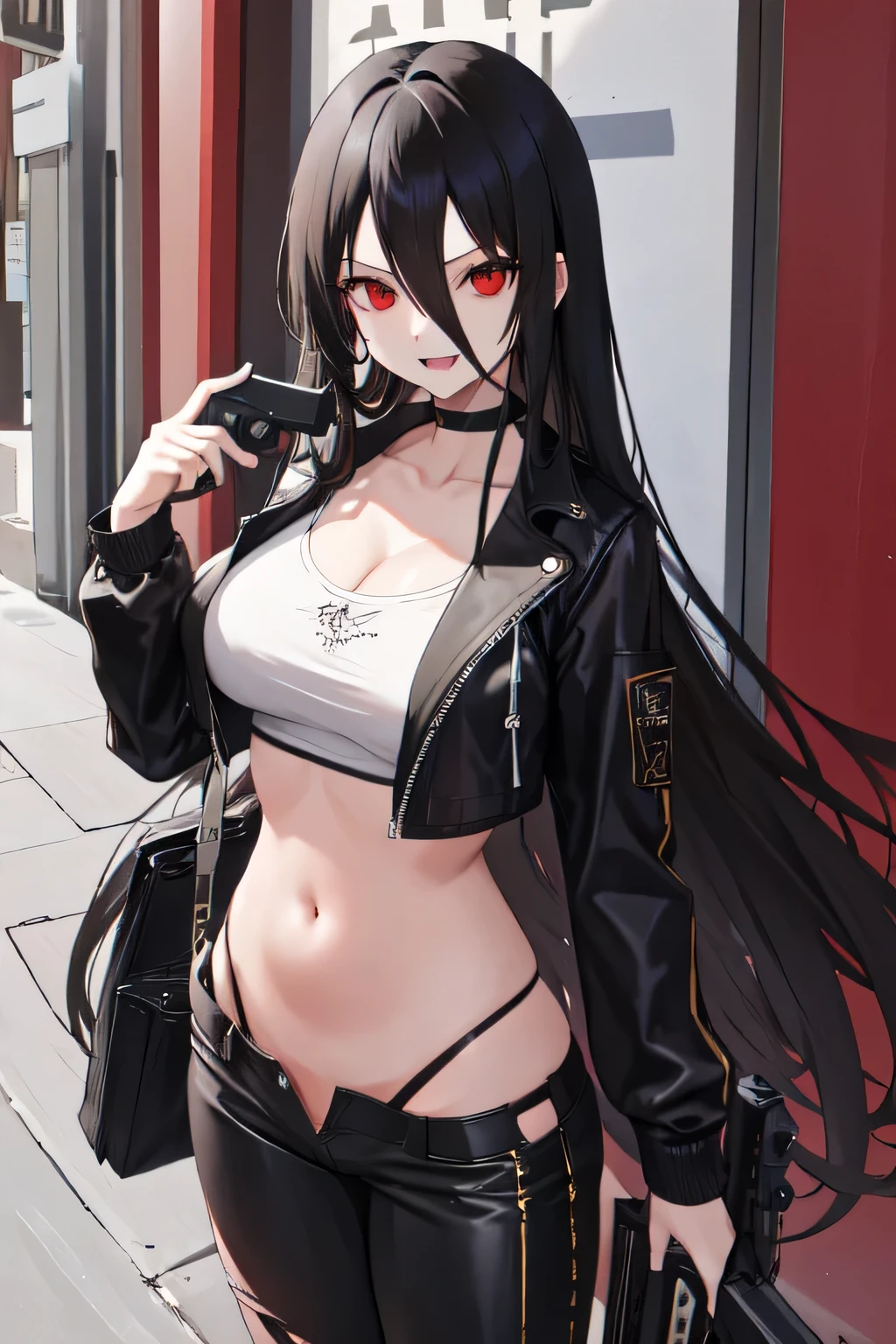 hasumi ba,  long hair, choker, solo, black hair,  large breasts,1girl,  black choker,  hair between eyes,  red eyes, parted lips, masterpiece, best quality, highly detailed, a girls with a gun, evil smile , open mouth, sexy gaze, badass
pose , evil smile, smile, (nsfw) not safe for work, guns blazing, anime girl with long hair, beautiful long
haired girl, navel, evil expression, exposed belly, exposed navel, exposed midriff, exposed lower belly,
long black pants, crop top, cleavage, unbuttoned leather pants ,open fly, low rise black leather pants,
leather jacket, holding a gun, outdoor,street,road, 