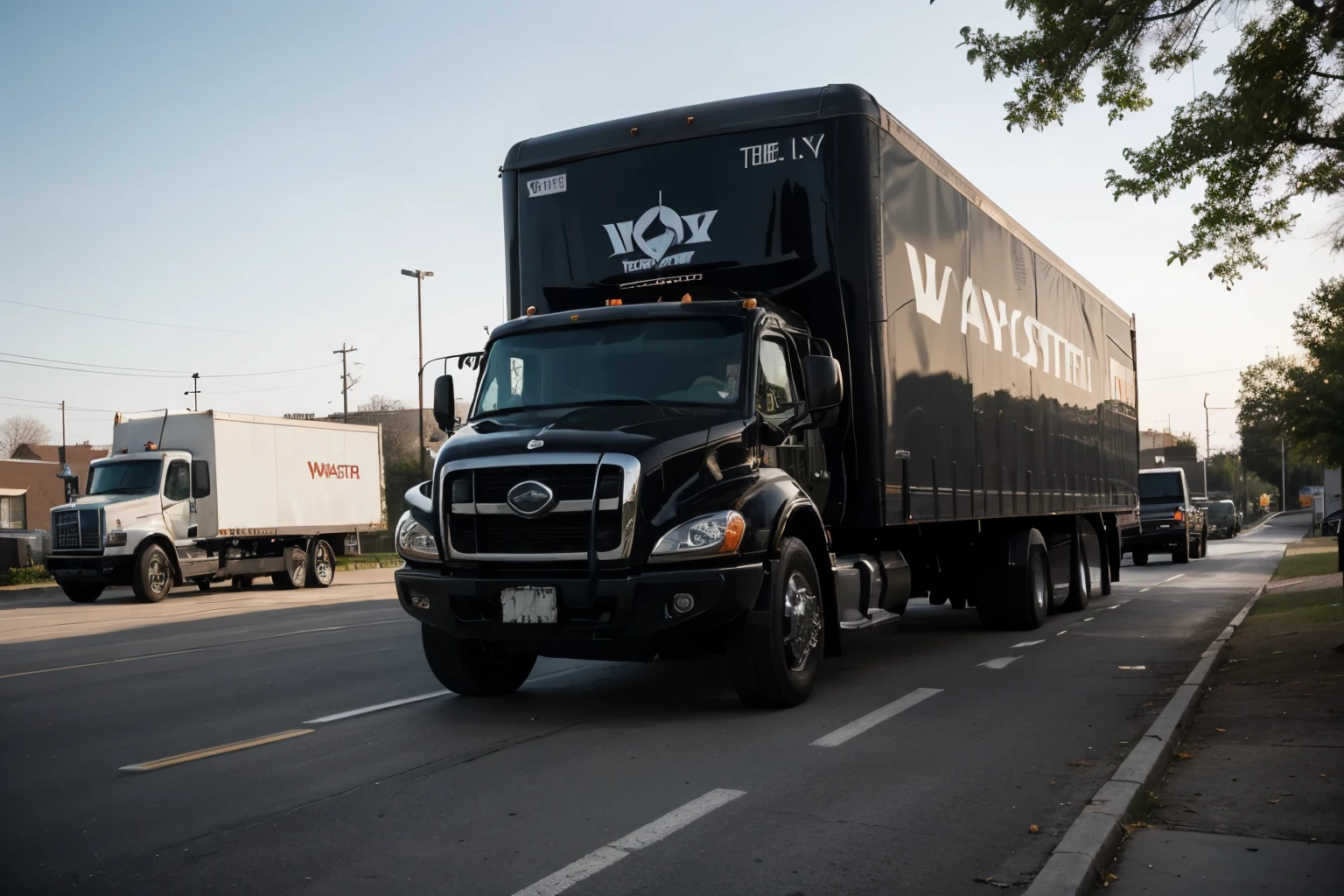 A photograph of a black truck on the side with the logo of my company called waystar transportation high quality 