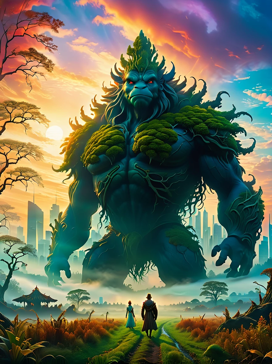 foggy field, trees, ((giant creature1.5)), ((enveloped by fog:1.5)), horizon, unclear shape, towering, city skyline, small humans, mystery, awe, natural landscape, fantastical, eerie, captivating, dawn, dusk, mystical quality, vastness, minuteness, known world, unknown, nature, civilization, subdued colors, ethereal, silhouette, soft light, sky, photo real, Shot on a 50mm lens, classic composition, masterpiece, exquisite, color correction, amazing visual effects, crazy details, intricate details, sharp focus, super high effect,(UHD, masterpiece, ccurate, anatomically correct, textured skin, high details, high quality, award winning, 8k), ((super high saturation, extremely bright and bright colors),whole body,ultra wide angle lens,