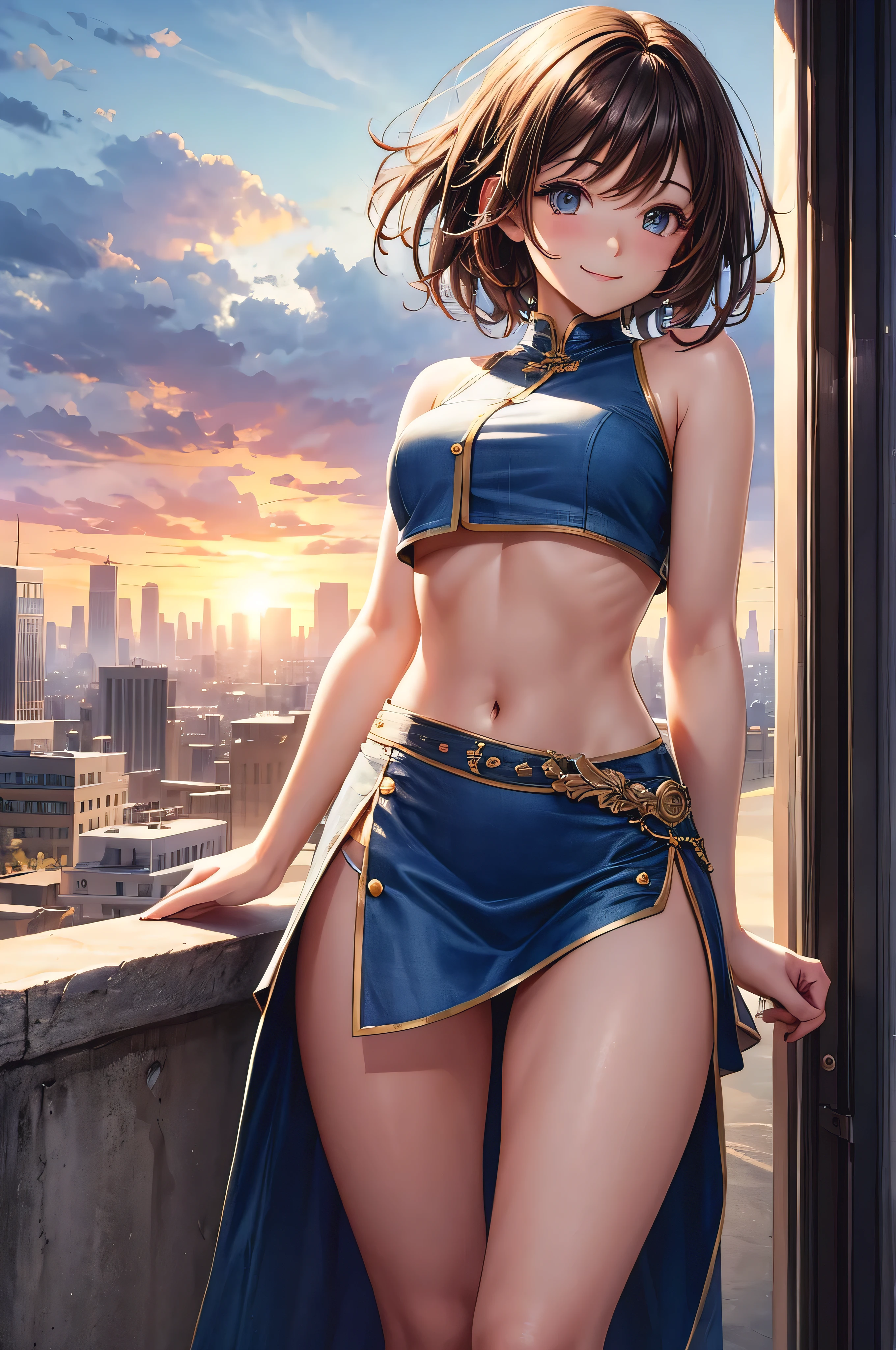 HDR , high quality ,ultra detail , city ,cute girl , standing , smile ,crop top , long slit skirt ,thigh , soft light , medium tits , short brown hair