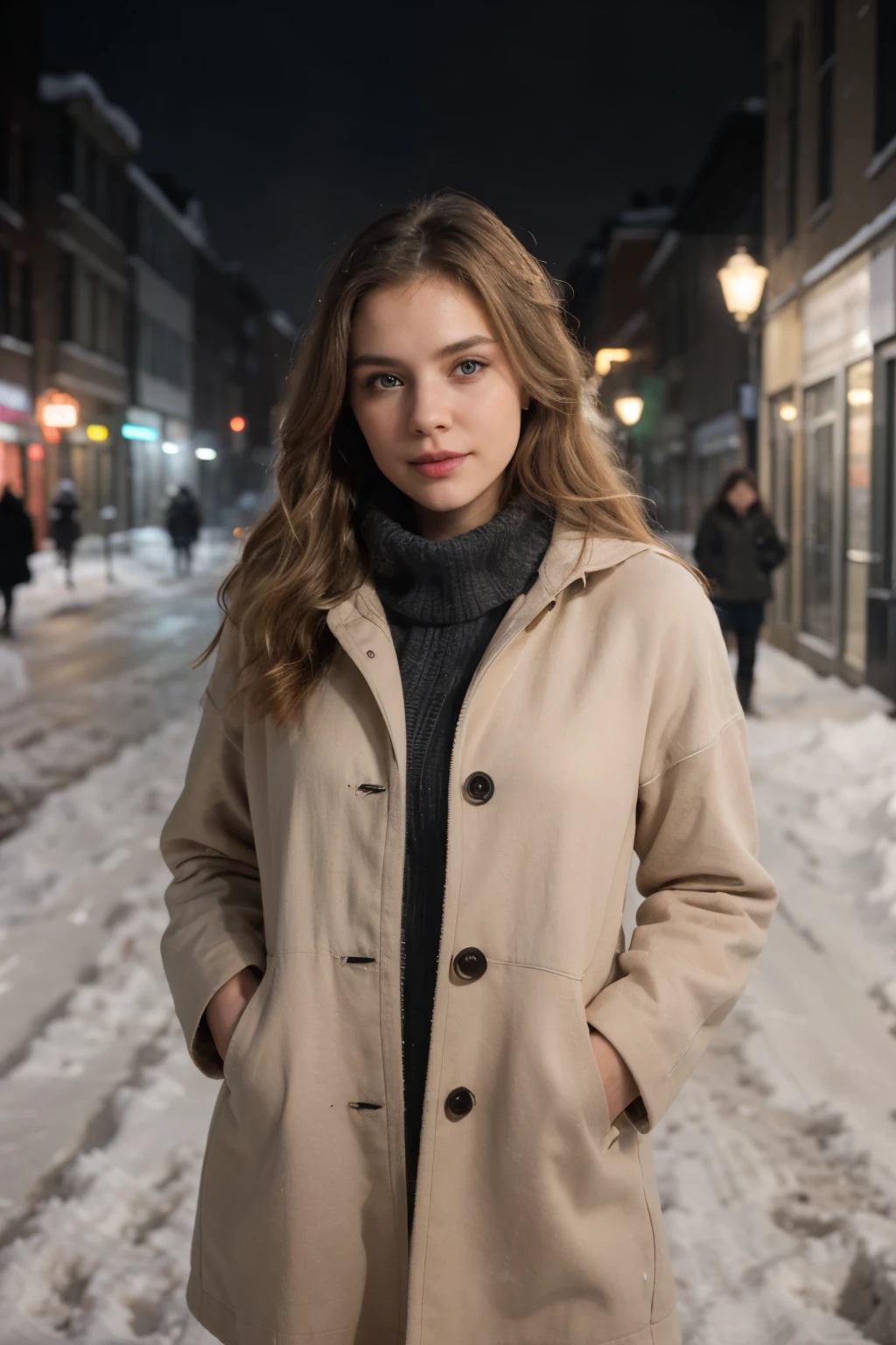 professional portrait photograph of a gorgeous Norwegian girl in winter clothing with long wavy blonde hair, sultry flirty look, gorgeous symmetrical face, cute natural makeup, wearing elegant warm winter fashion clothing, ((standing outside in snowy city street)), stunning modern urban environment, ultra realistic, concept art, elegant, highly detailed, intricate, sharp focus, depth of field, f/1. 8, 85mm, medium shot, mid shot, (((professionally color graded))), bright soft diffused light, (volumetric fog), trending on instagram, hdr 4k, 8k