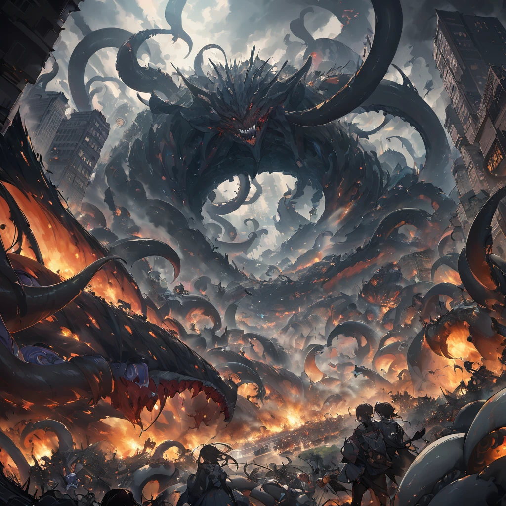 A jaw-dropping illustration of an epic space battle, with a massive alien monster looming ominously over New York City. The creature has multiple tentacles and a sinister grin, surrounded by a chaotic whirlwind of cosmic energy. The city skyline is in disarray, as buildings collapse and citizens cower in fear, their screams adding to the cacophony of sounds. The overall tone of the image is intense, evoking a sense of dread and impending doom.