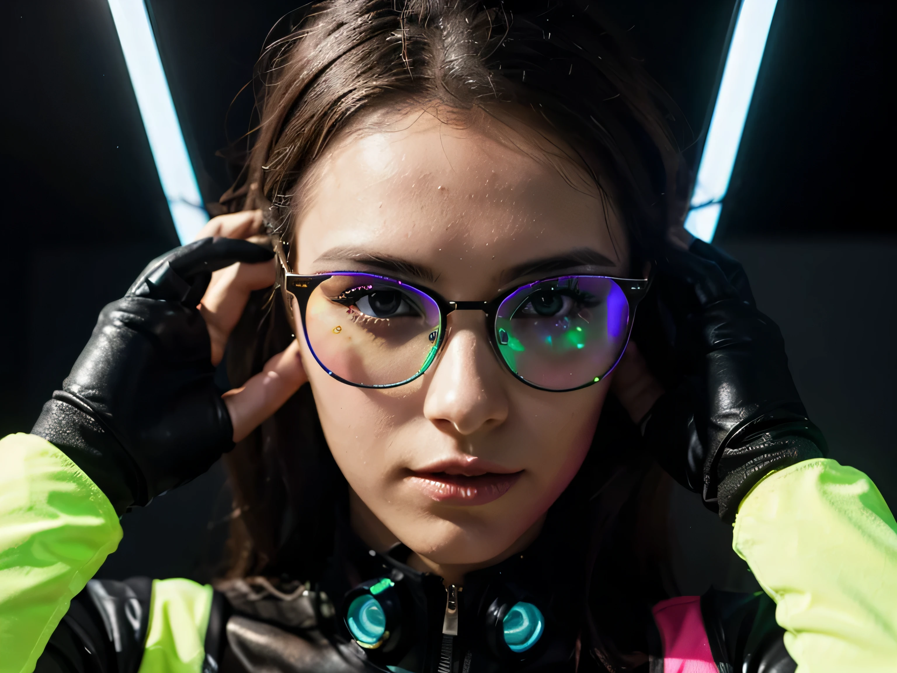 androide femenino sexi con lentes y luces neon con reflejo en ella