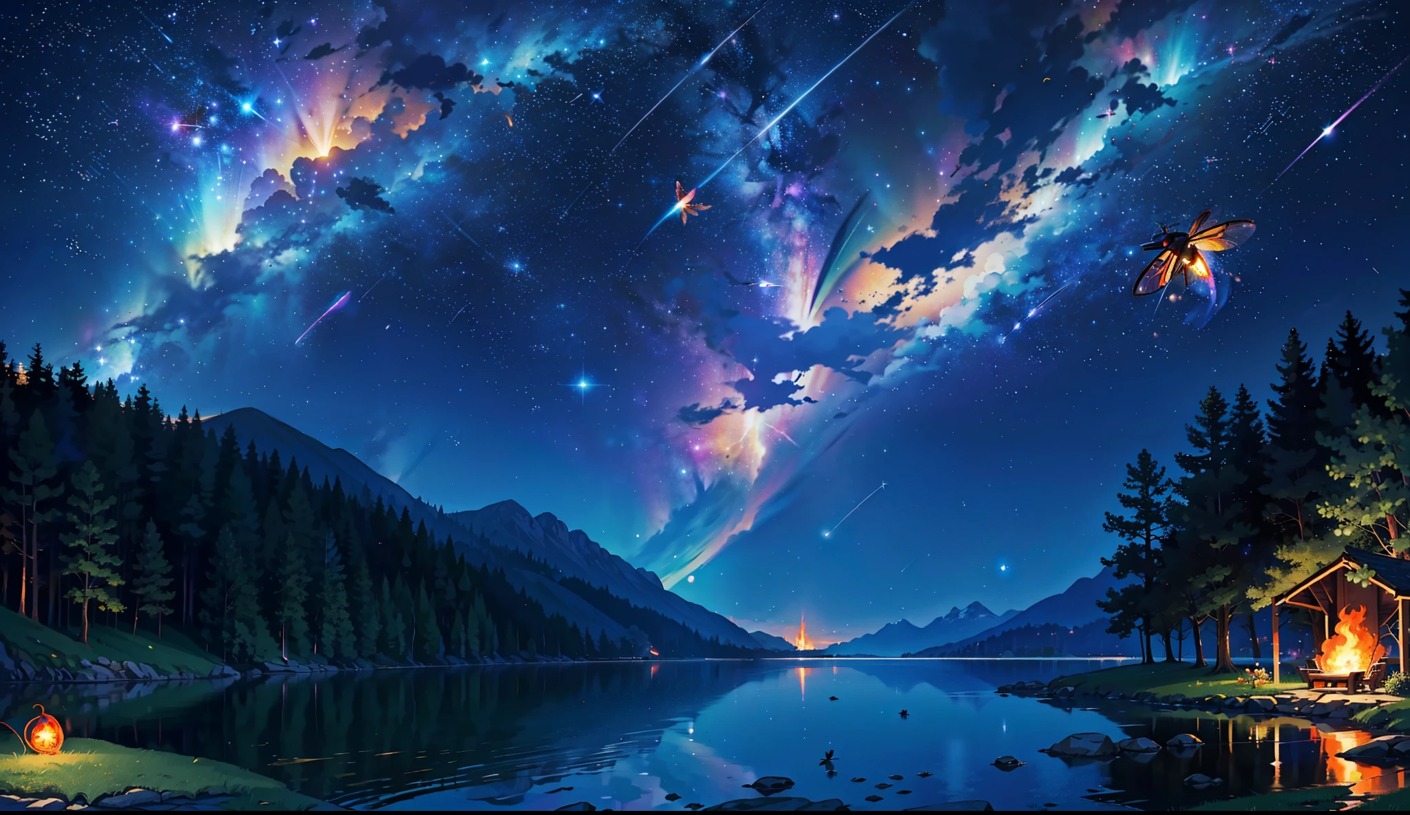 master part, nice, landscape, (((no_Humanos))), night, flower, garden, starry sky, constellation, amazing, View, water, warm, comfortable, peaceful, meteor, cosmic, magic, magic, particle, fair, ((fire Fly))