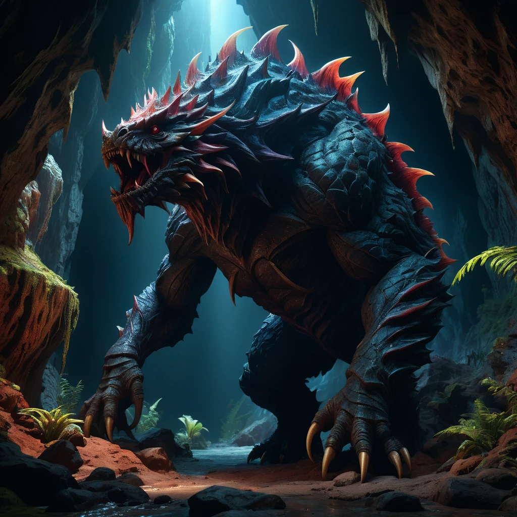 Giant creature, aesthetic, extremely detailed, Giant Creature in a dark cavern, Hyper realistic, Dark-Art, 8K, concept art, filmic, HDR, volumetric lighting, highly detailed, cinematic lighting, artstation, vibrant nature, volumetric light, octane render, redshift render, camera close up, rich deep moody colors, ultra realistic